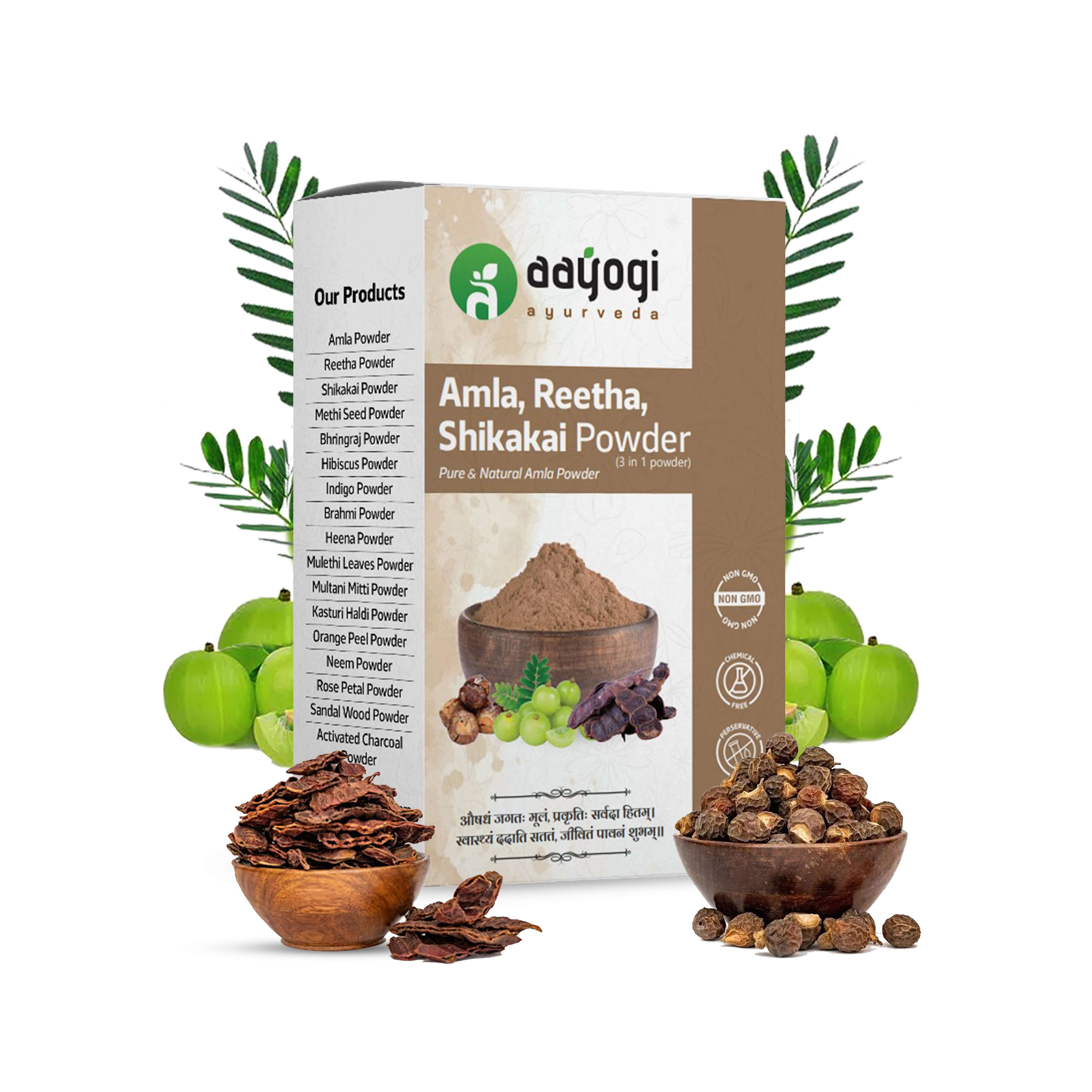 Aayogi Ayurveda Amla, Reetha, Shikakai Powder for hair revitalization and strength.
