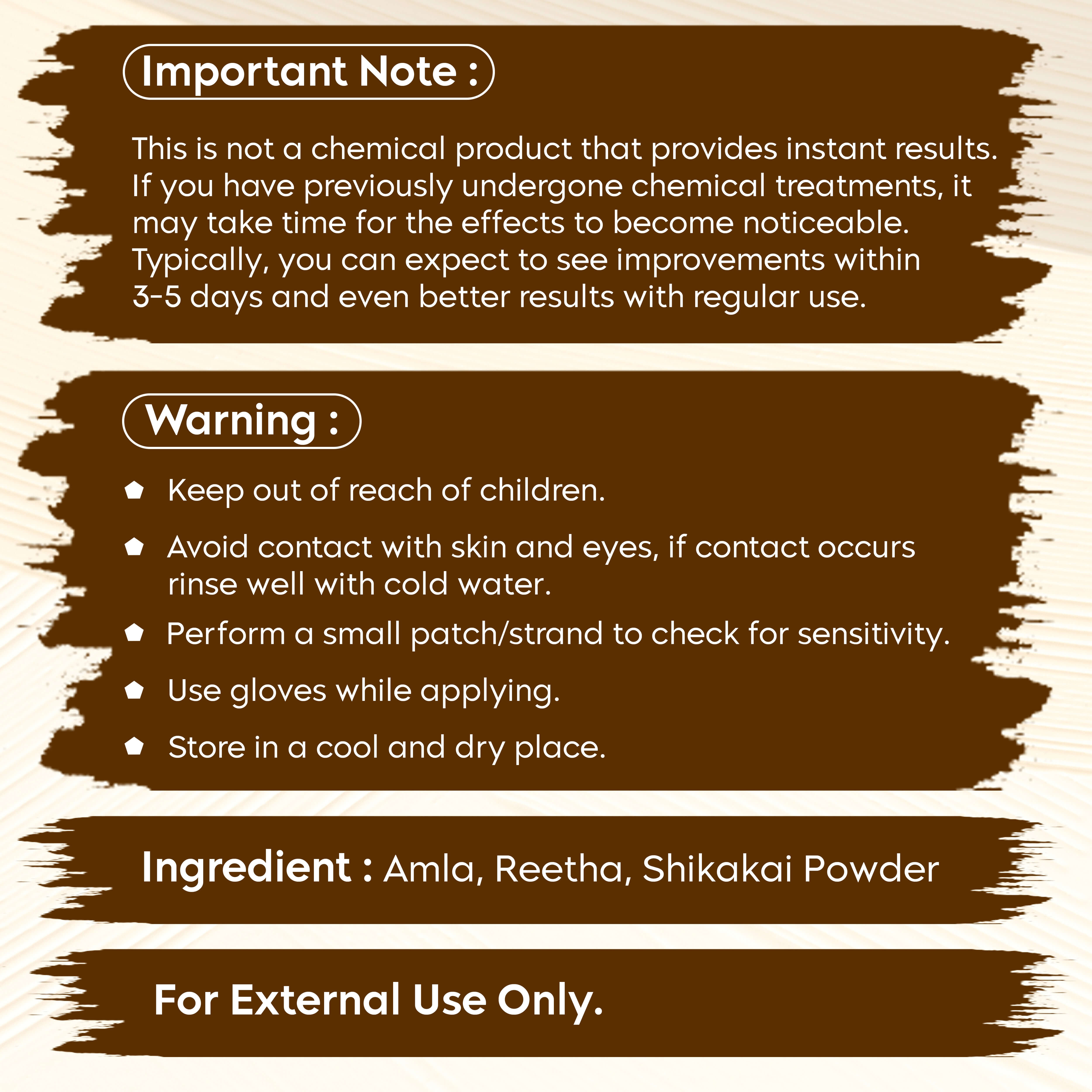 Instructions and warnings for Amla, Reetha, and Shikakai Hair Mix including usage tips and safety precautions.
