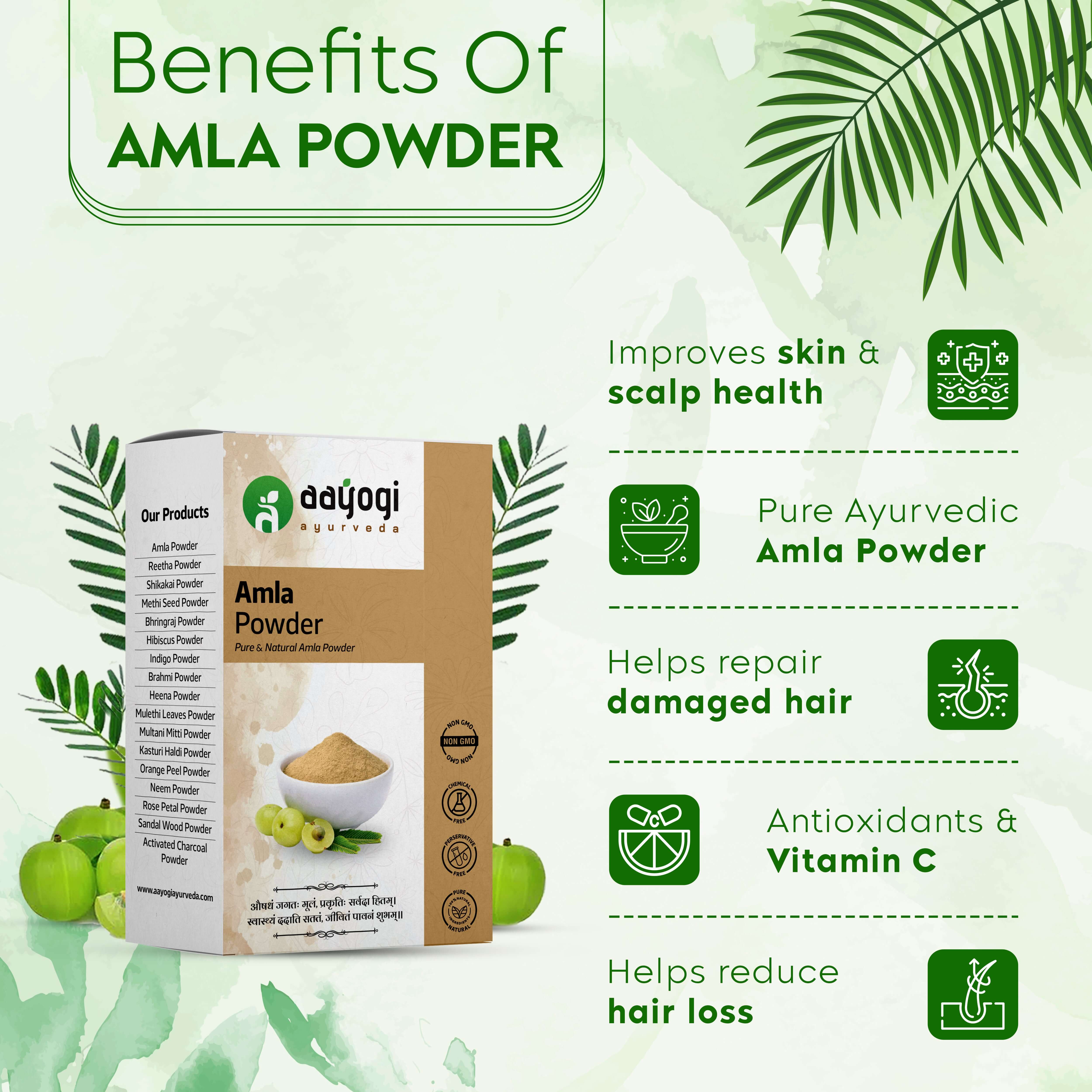 Amla Powder benefits infographic highlighting skin and scalp health, hair repair, antioxidants, and hair loss reduction.