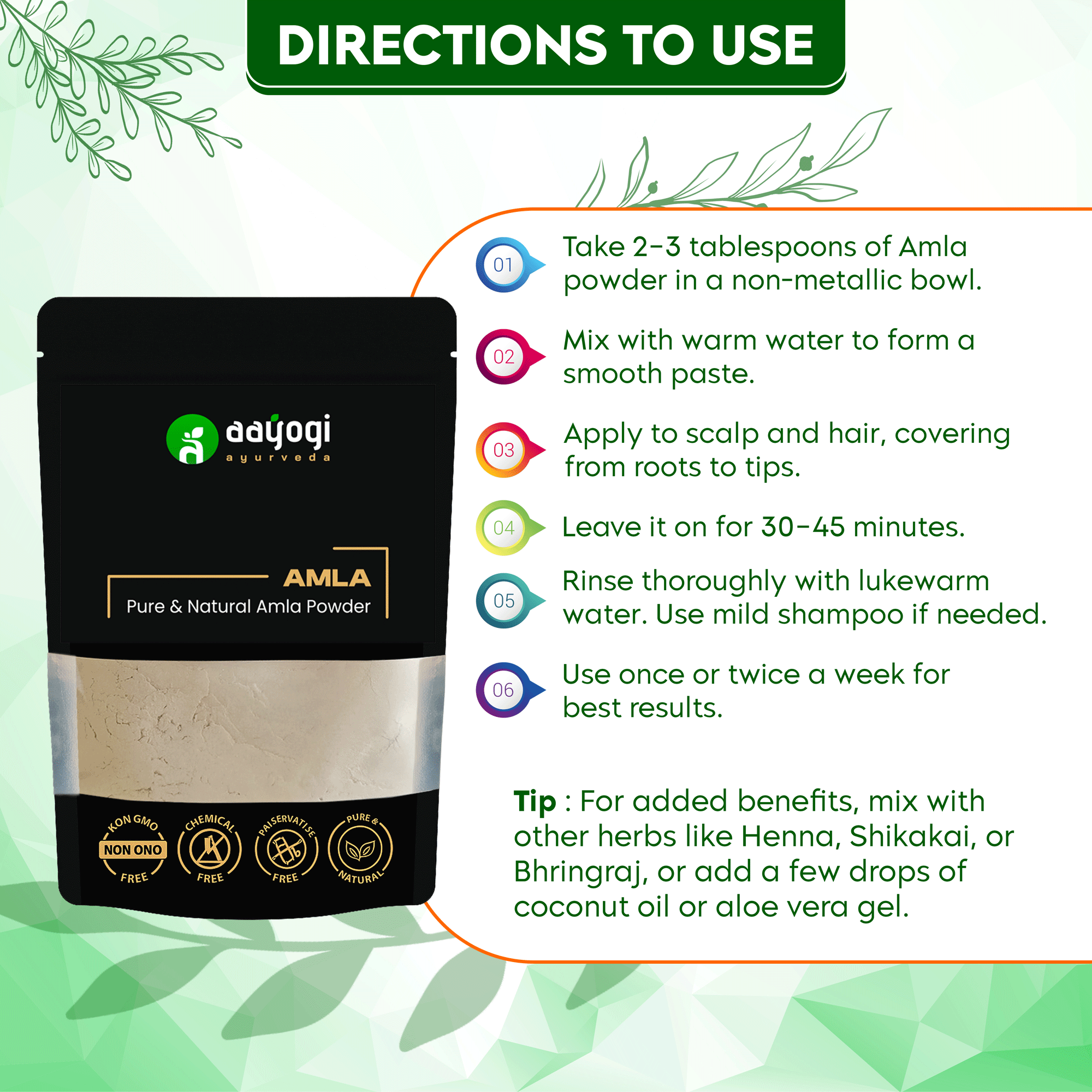 Directions for using Aayogi Ayurveda Pure Amla Powder for hair care, including mixing instructions and application tips.