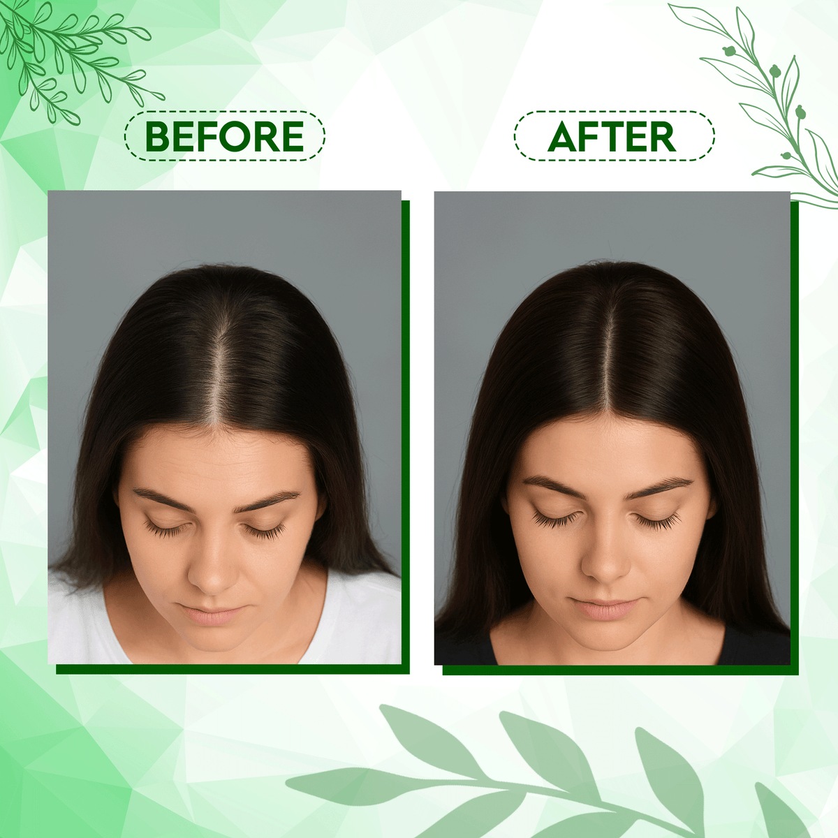 Woman's hair before and after Amla Powder treatment, showcasing improved hair quality for Aayogi Ayurveda's natural beauty products.