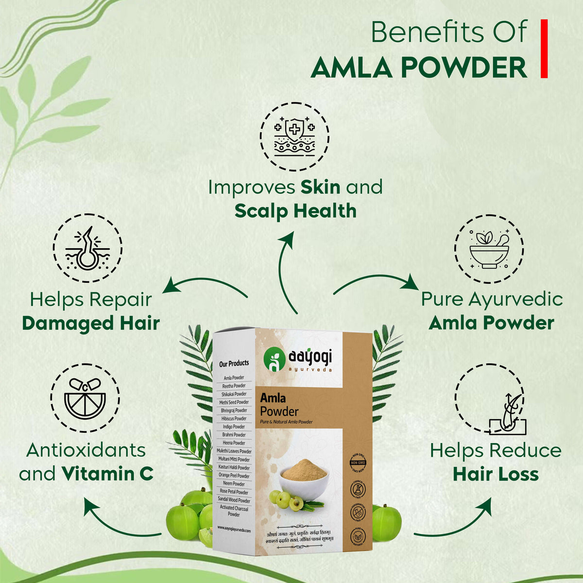 Graphic showcasing benefits of Amla Powder including hair repair, antioxidants, skin health, and hair loss reduction with product image.