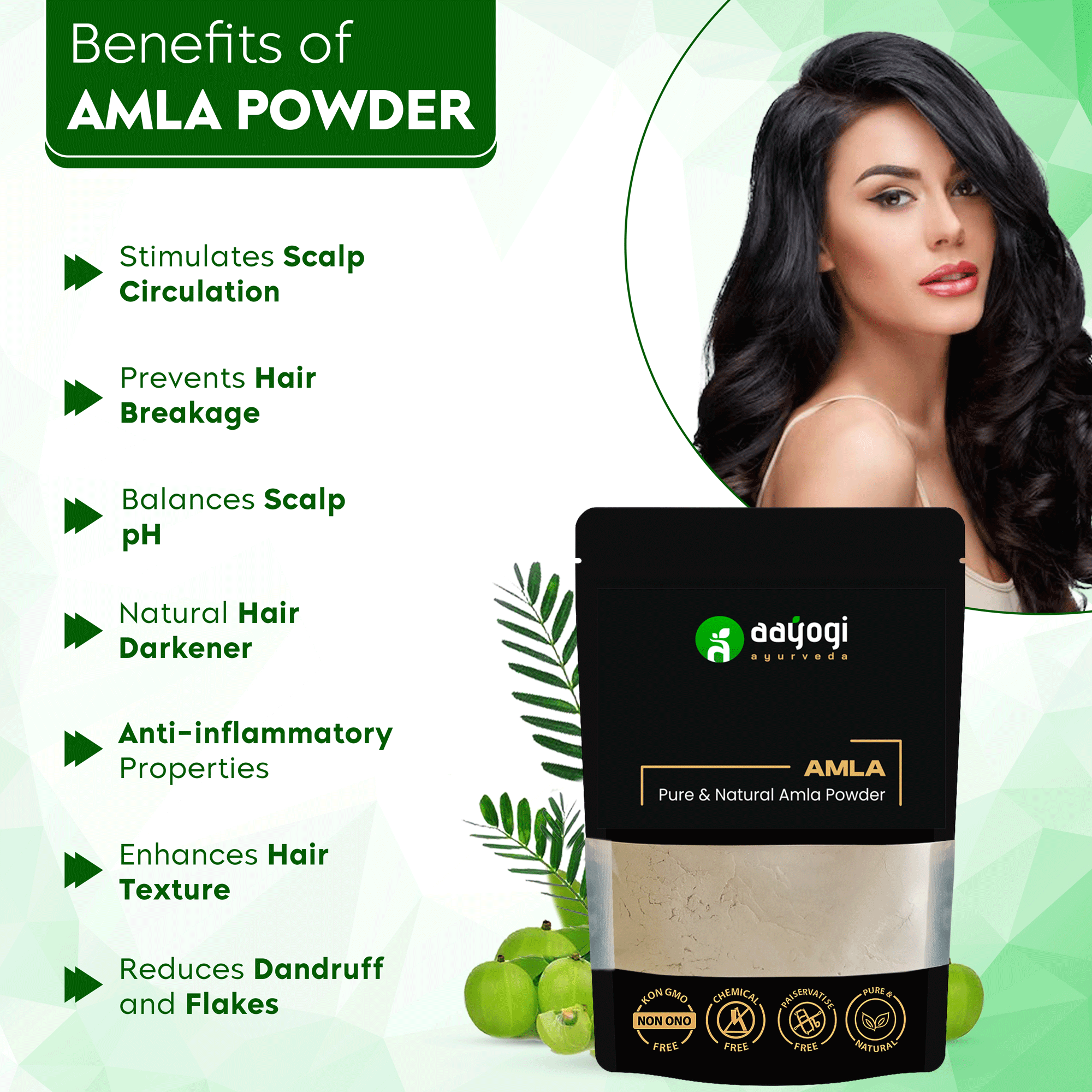 "Aayogi Ayurveda Pure Amla Powder benefits for hair, including scalp circulation, hair breakage prevention, and dandruff reduction"