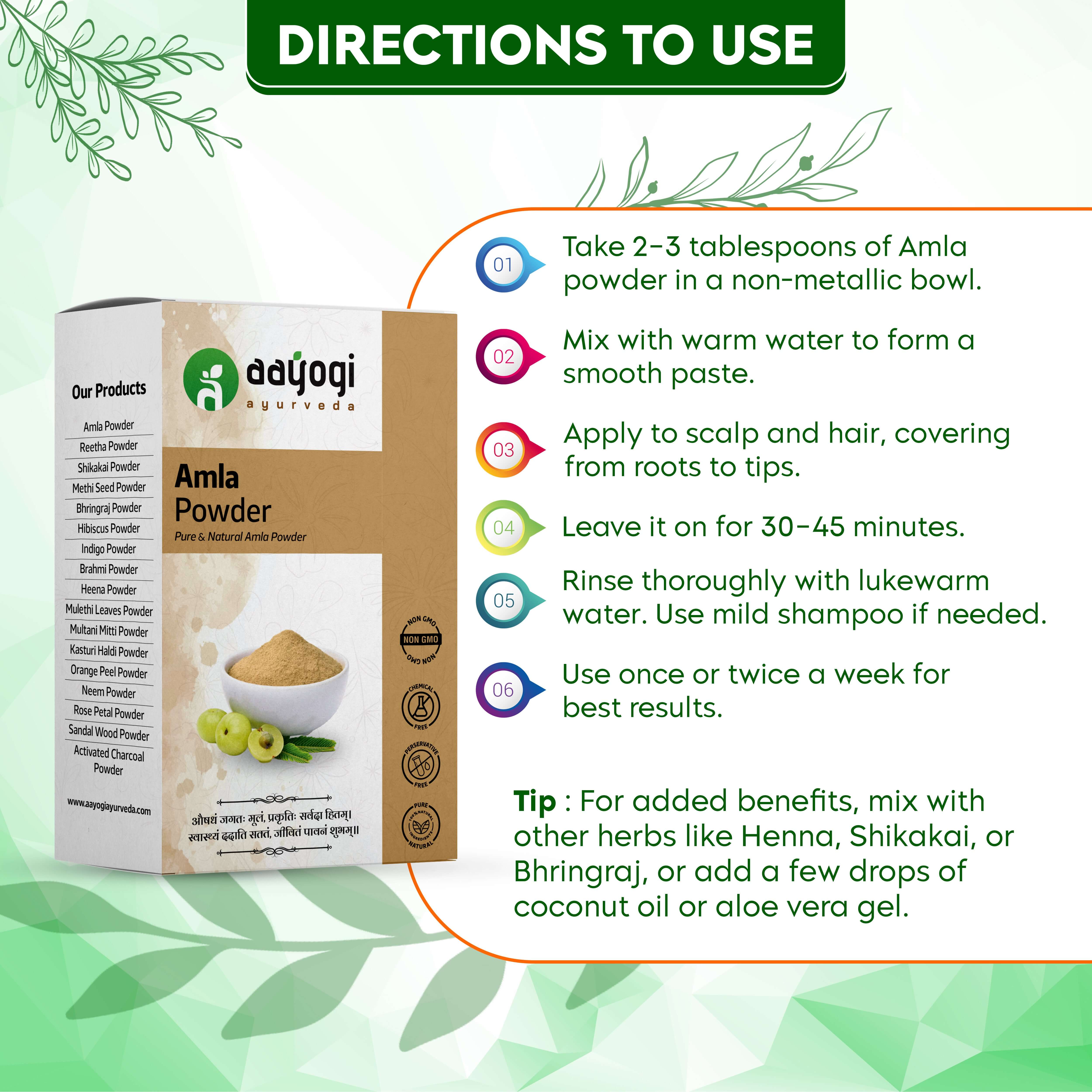 Amla Powder by Aayogi Ayurveda with directions for use, benefits for hair and skin; includes mixing, application, and rinsing steps.