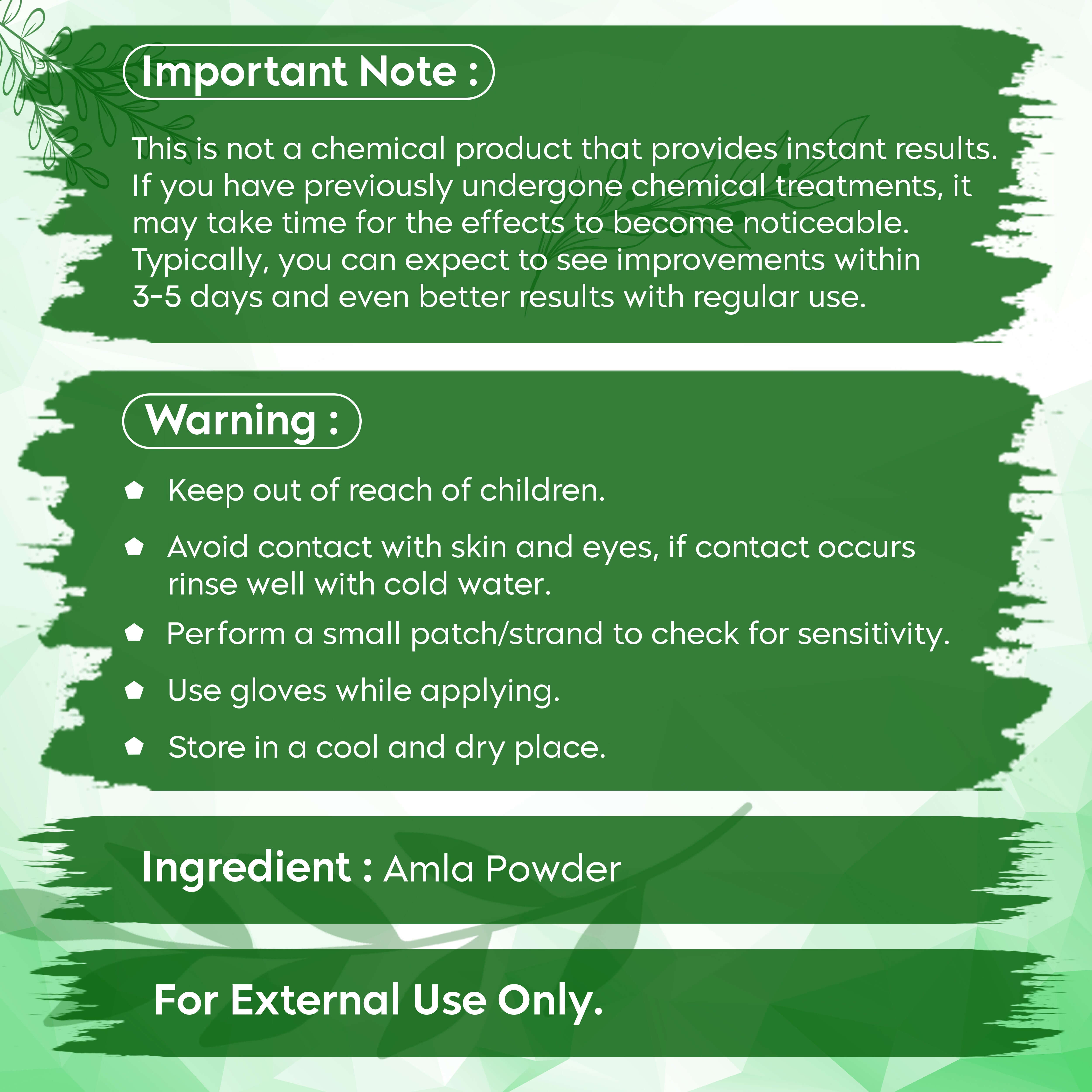 Green label with instructions and warnings for using Amla Powder, including storage advice and ingredient details.