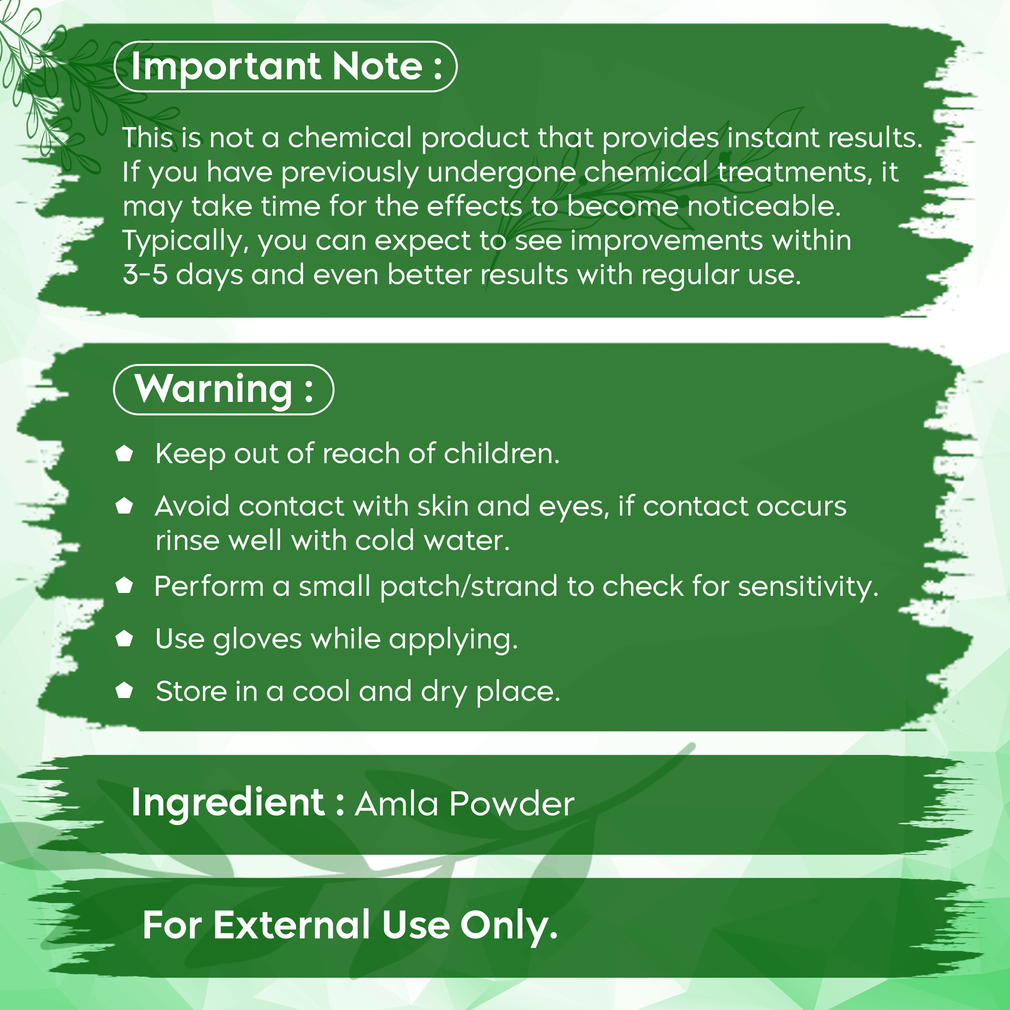 Safety guidelines and ingredients for Aayogi Ayurveda Amla Powder, emphasizing gradual results and external use only.