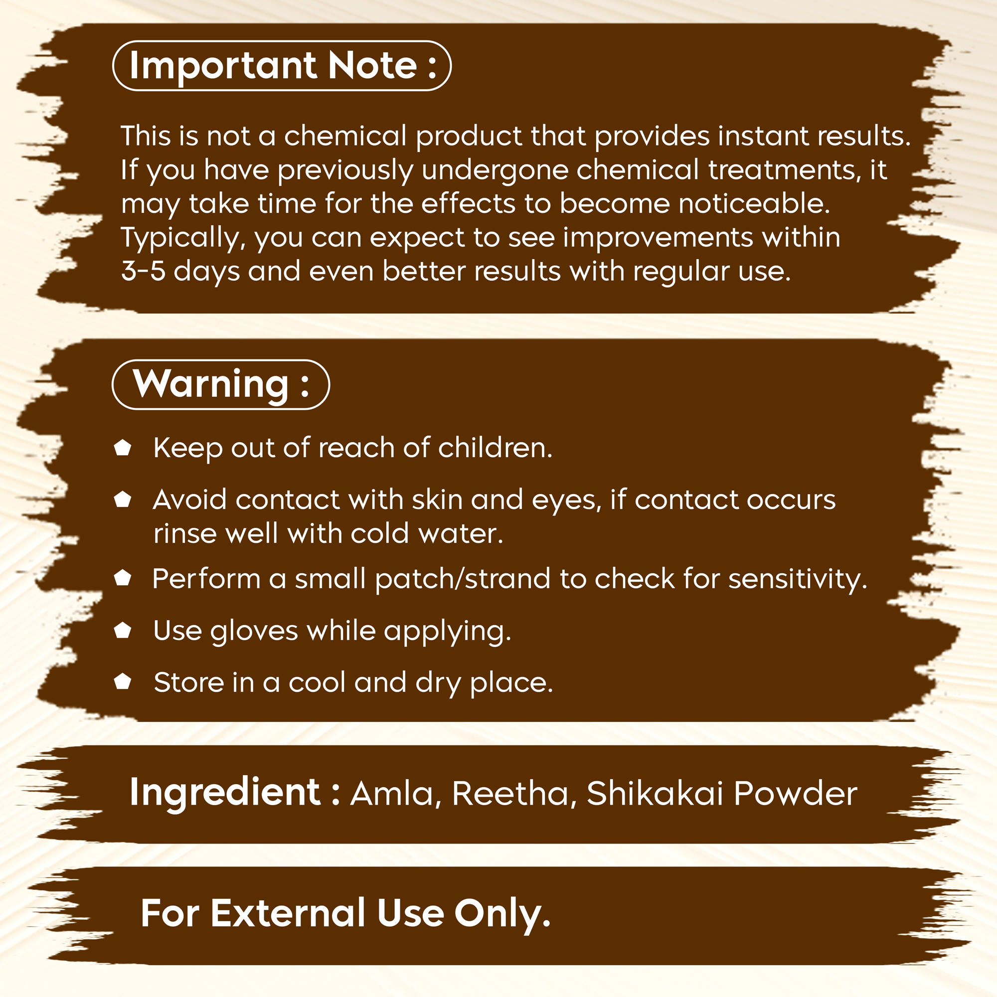 Amla Reetha Shikakai Hair Mix label with usage warnings and ingredient list.