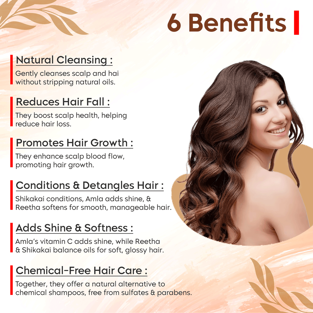 Woman with shiny hair next to Amla Reetha Shikakai hair benefits like cleansing, reducing hair fall, promoting growth, and adding shine.