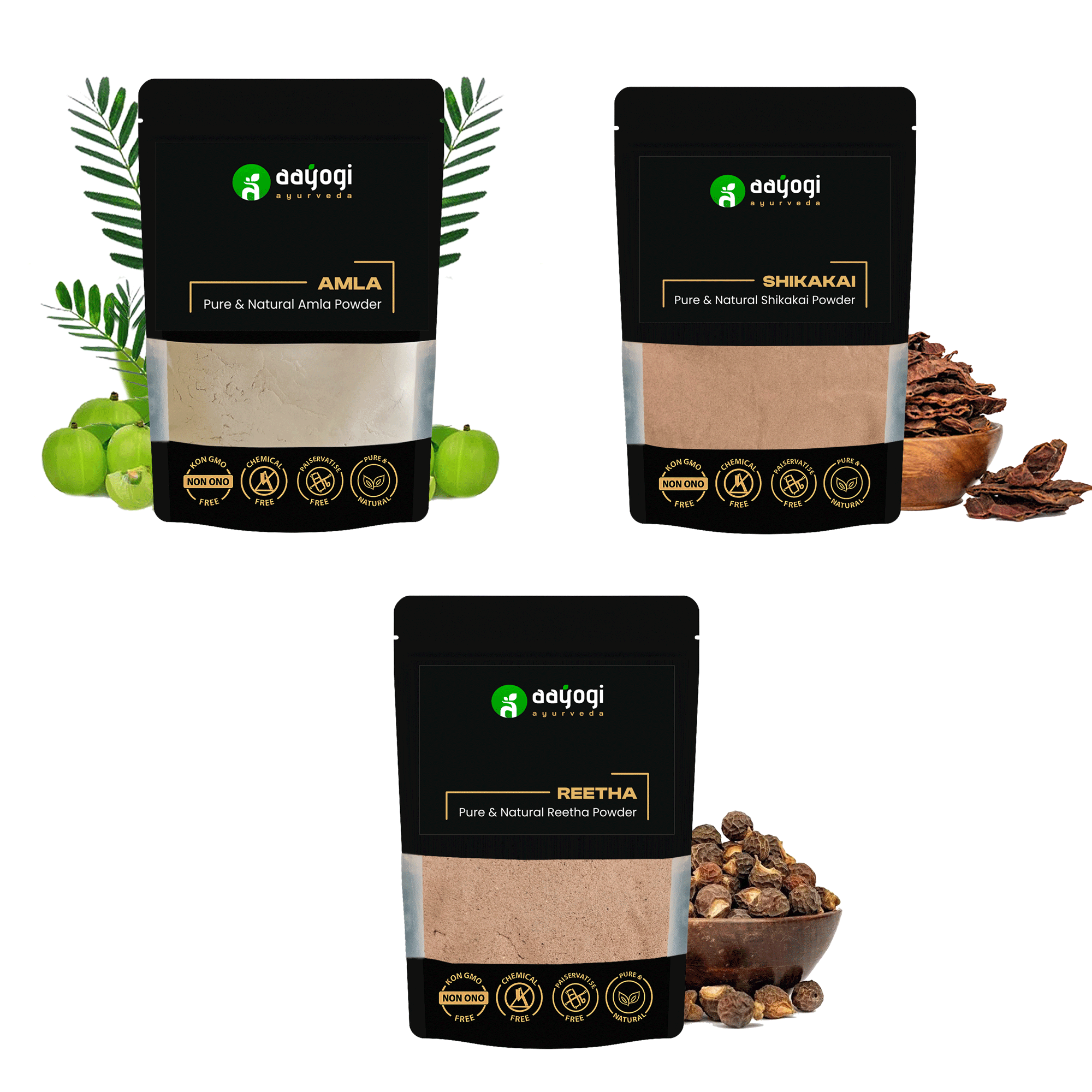 Aayogi Ayurveda Amla, Reetha, Shikakai Herbal Powder Packs for Hair Care