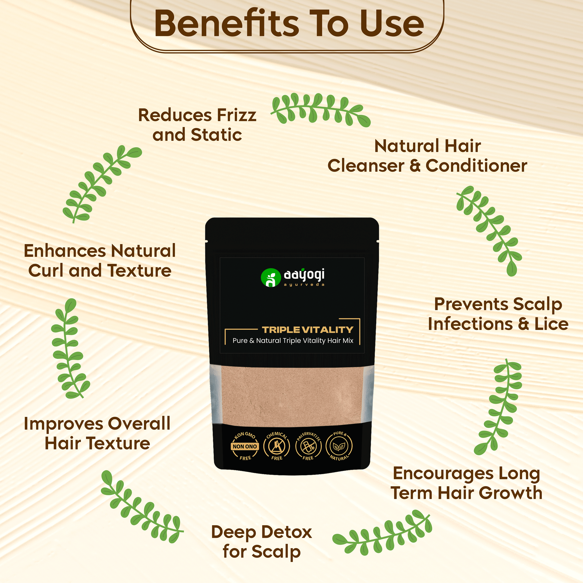 Aayogi Ayurveda Triple Vitality Hair Mix benefits: reduces frizz, enhances texture, scalp detox, promotes hair growth, and more.