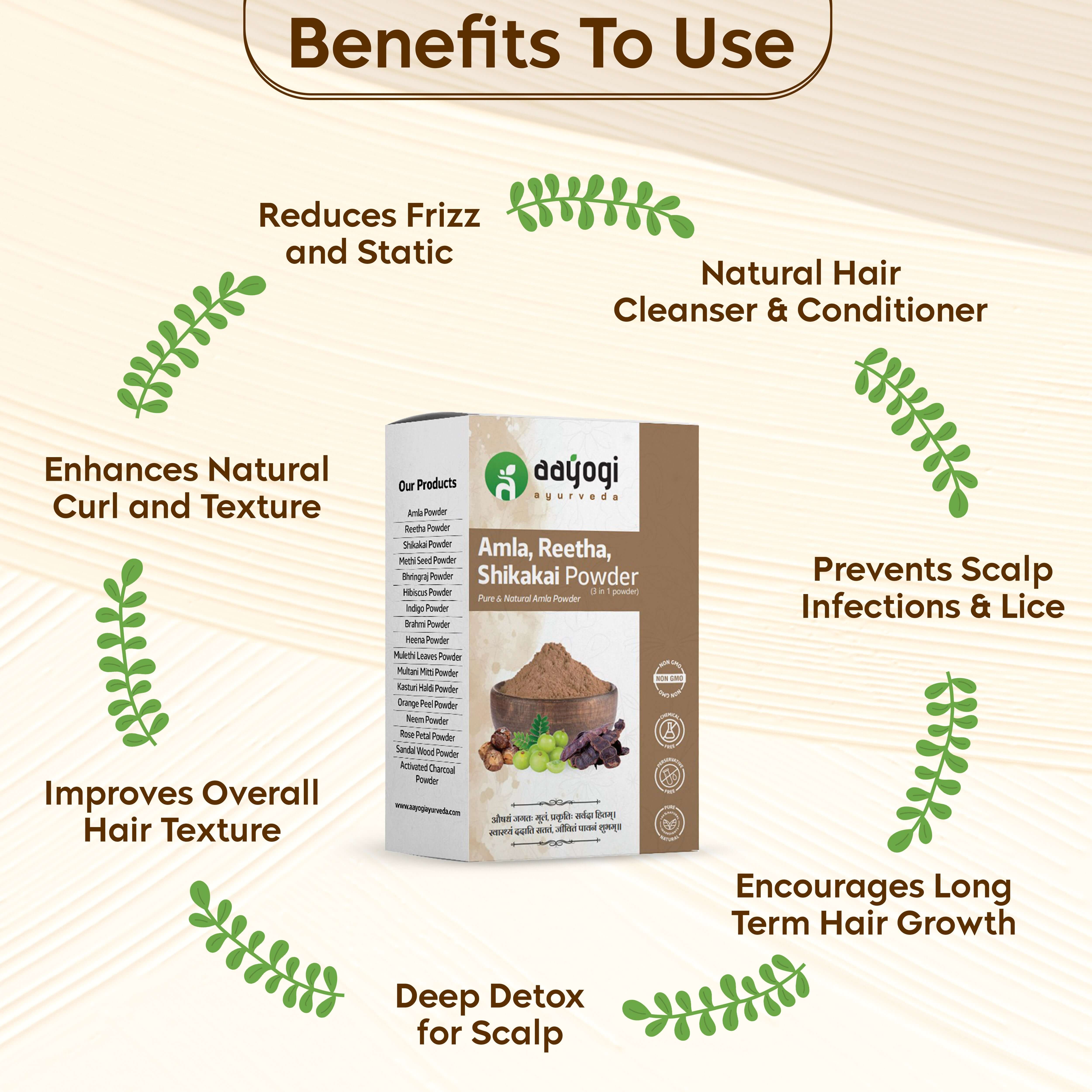 Aayogi Ayurveda Triple Vitality Hair Mix with Amla, Reetha, Shikakai showing benefits like reducing frizz and enhancing hair texture.