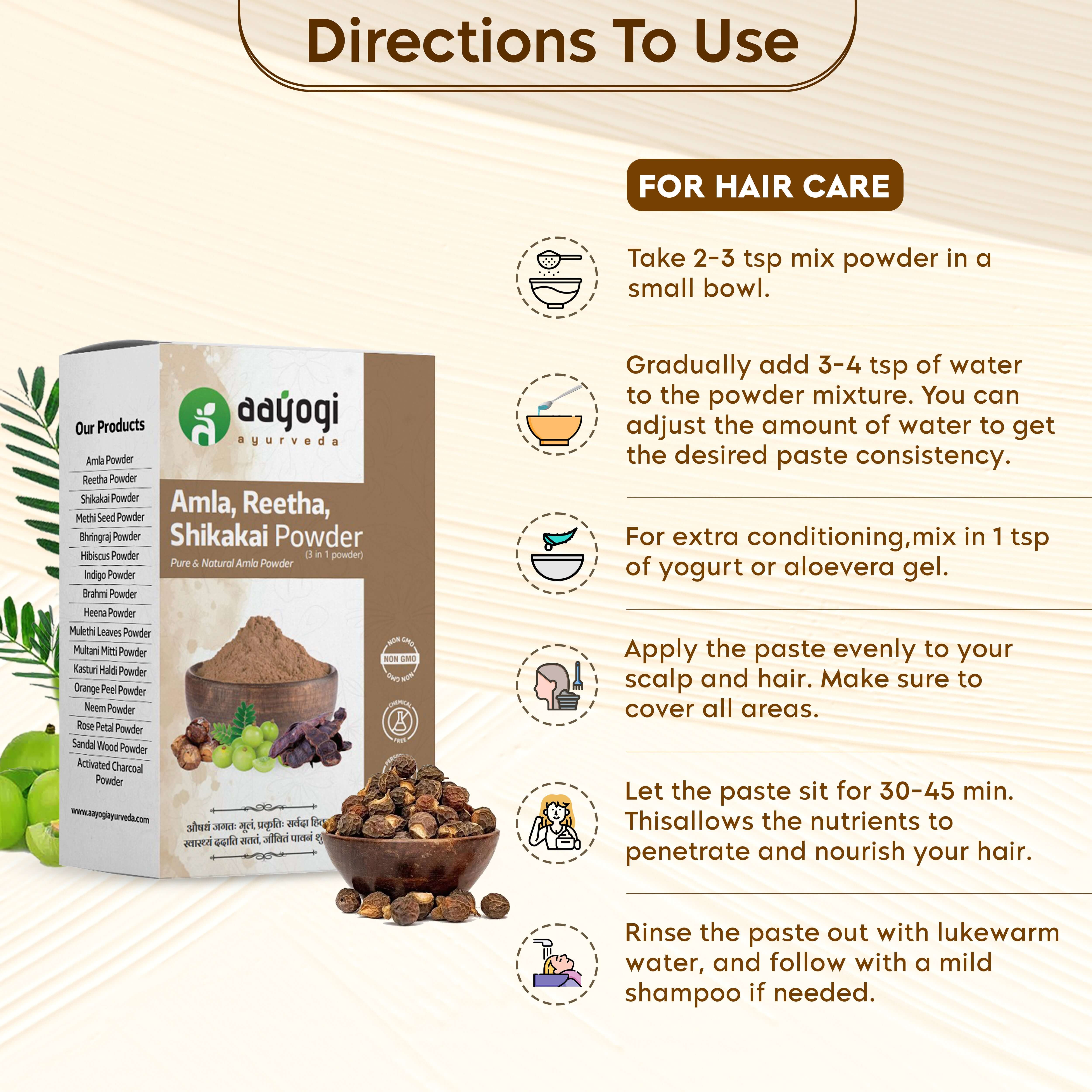 Instructions for Aayogi Ayurveda Amla, Reetha, Shikakai Powder for hair care with product box and herbs.