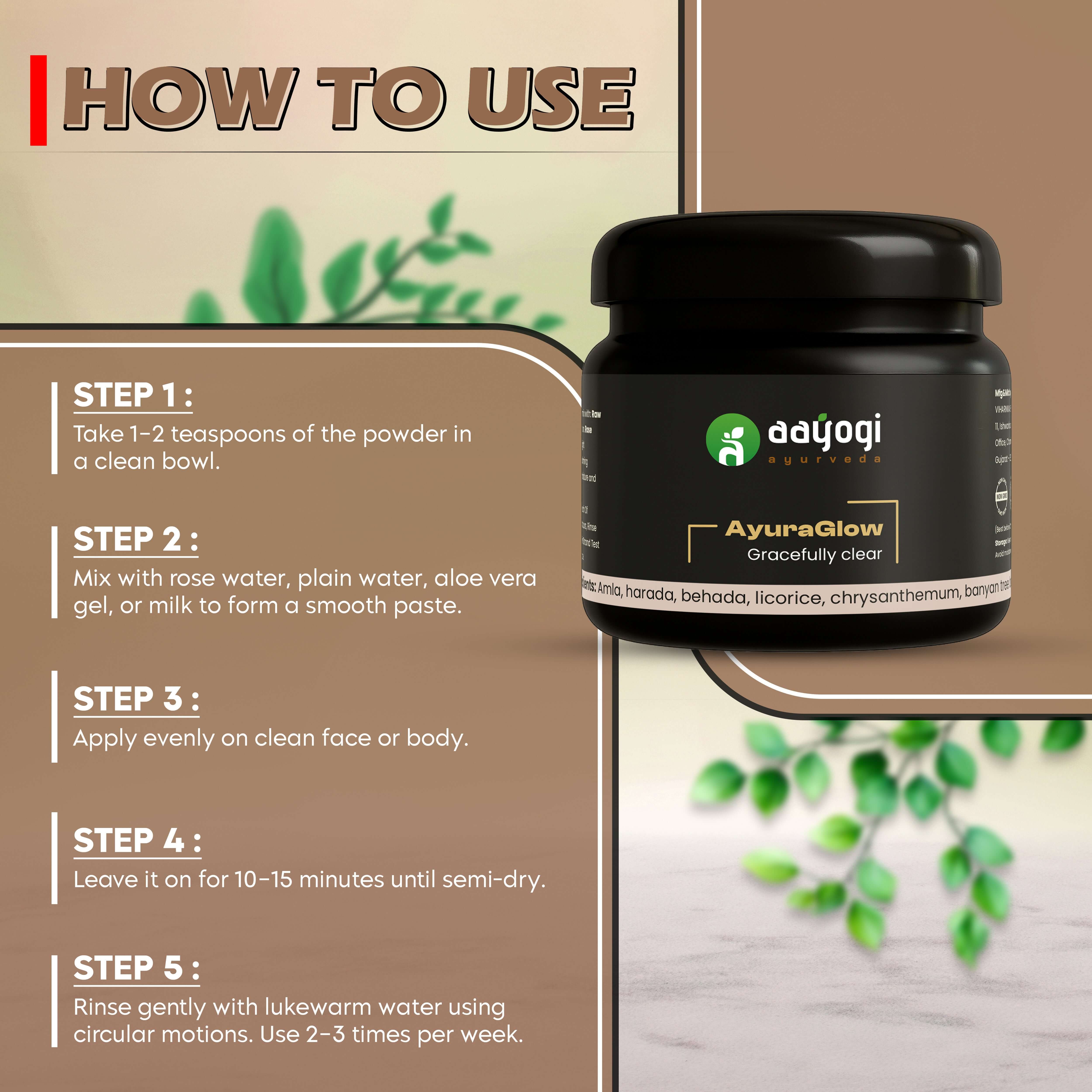 AyuraGlow Dark Spot Treatment Pack usage instructions and packaging by Aayogi Ayurveda, featuring a clear and even skin solution.