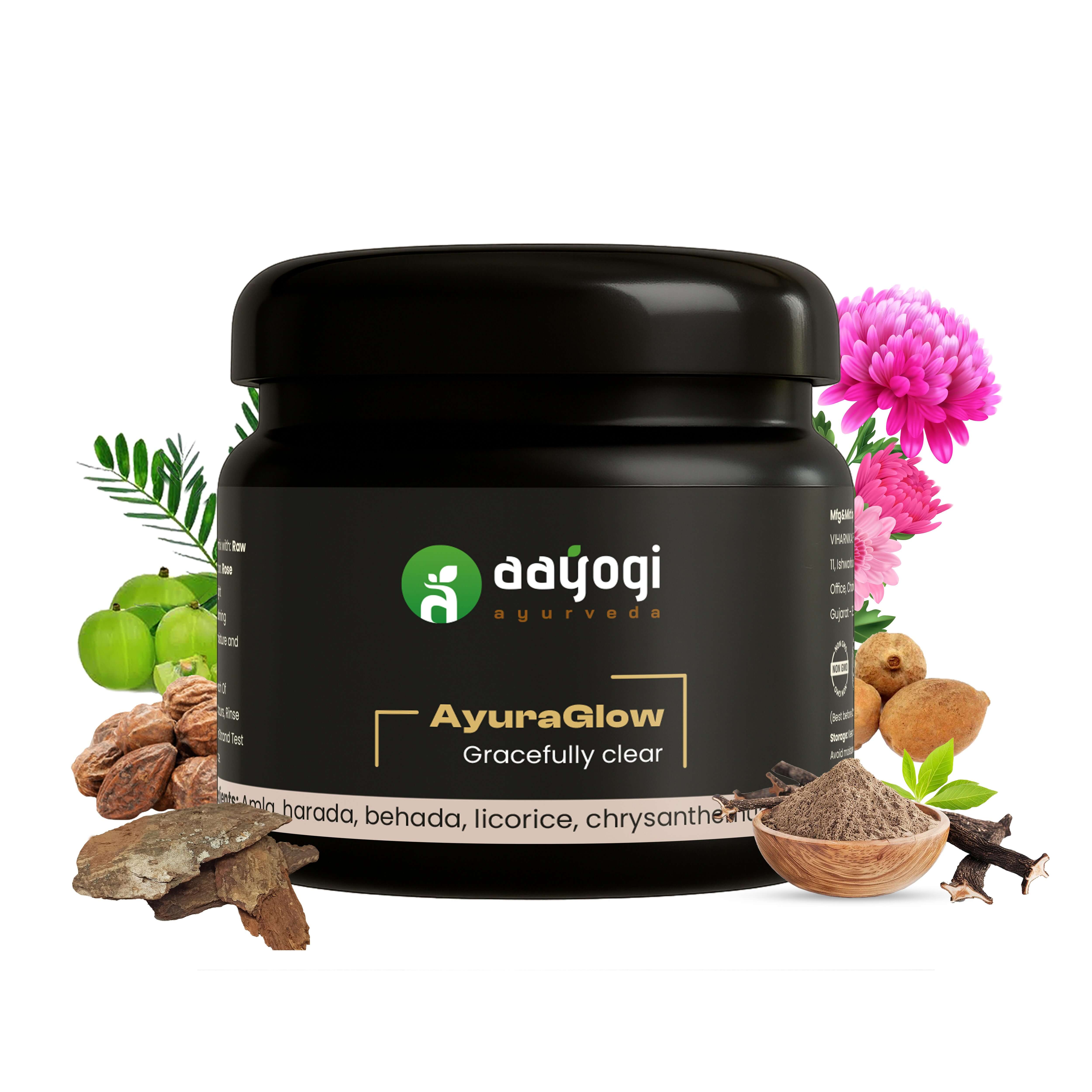 AyuraGlow Dark Spot Treatment Pack by Aayogi Ayurveda with Ayurvedic herbs like Amla, Harada, and Behada for clear skin.