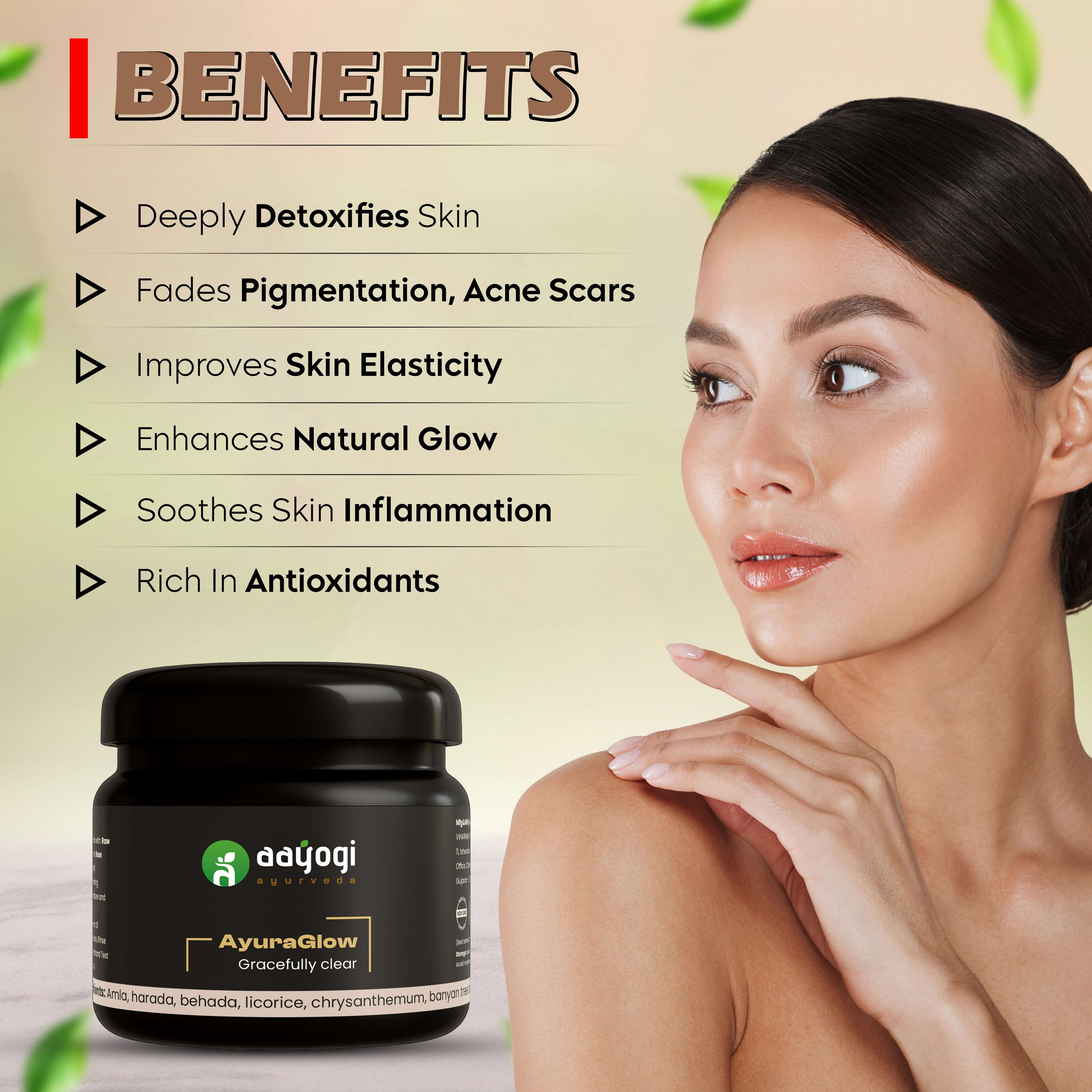 AyuraGlow Dark Spot Treatment Pack by Aayogi Ayurveda with benefits featuring a woman showcasing clear, radiant skin.