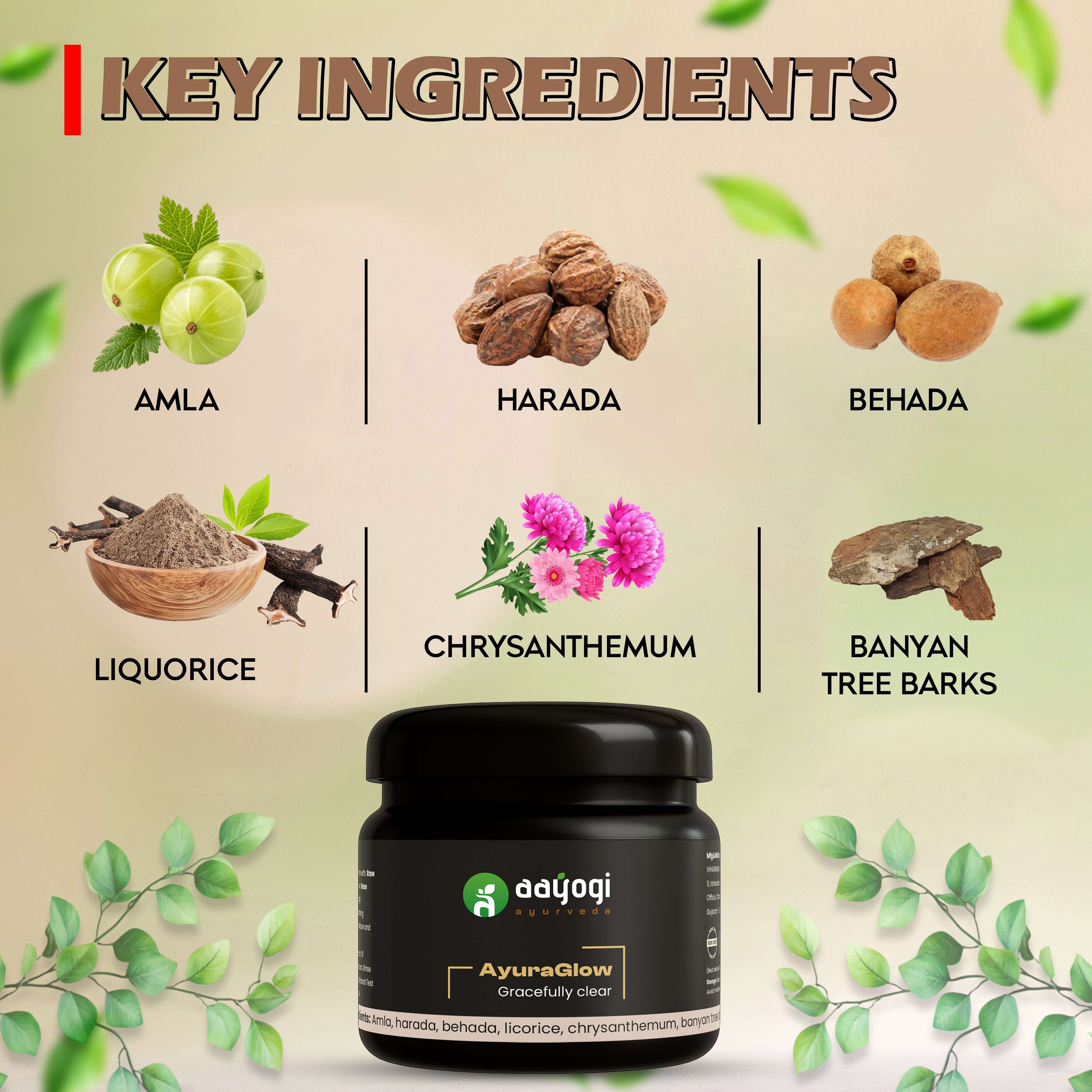 AyuraGlow Dark Spot Treatment Pack with key ingredients including Amla, Harada, Behada, Licorice, Chrysanthemum, Banyan Tree Bark.