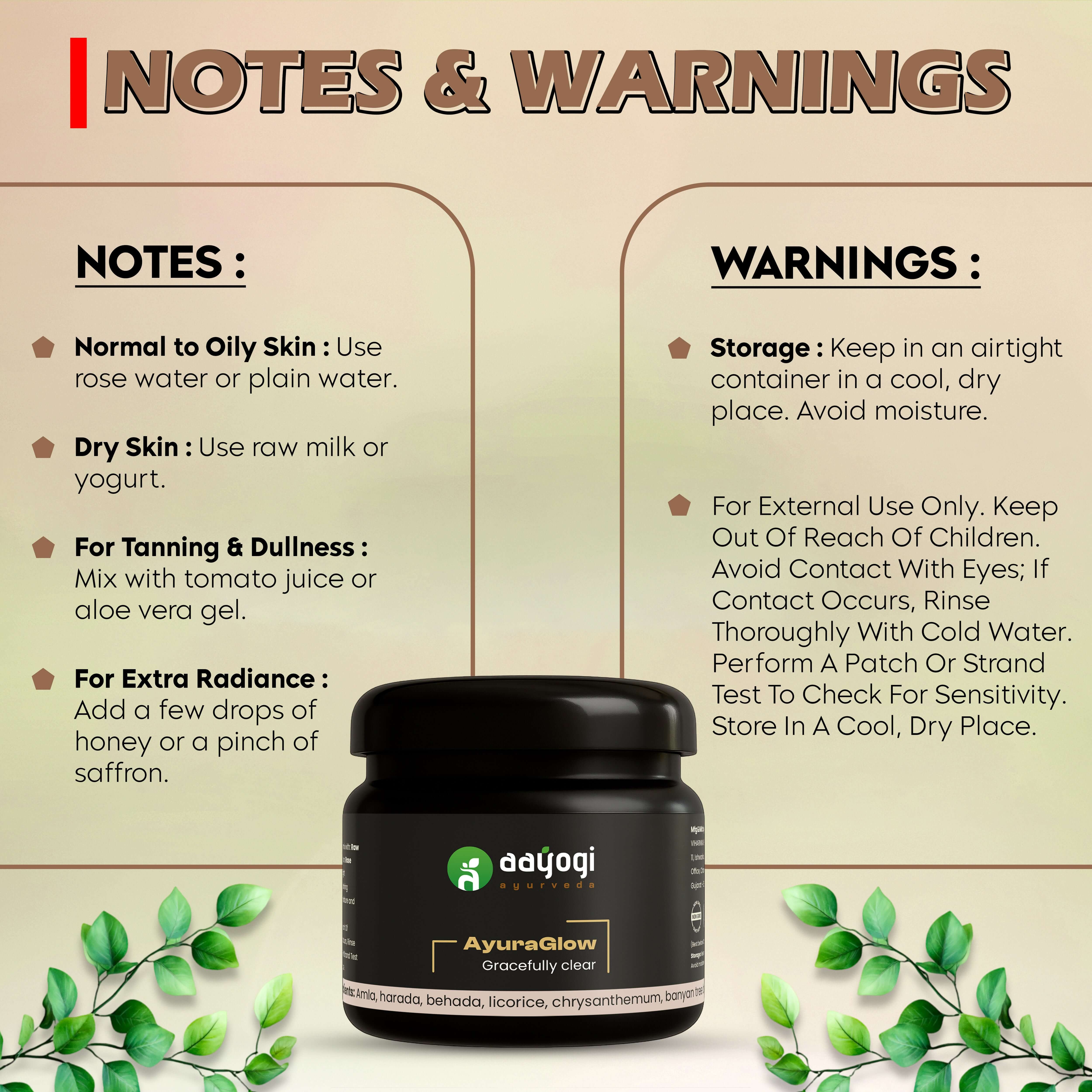 AyuraGlow Dark Spot Treatment jar with notes and warnings on usage and storage in a natural setting with leaves.