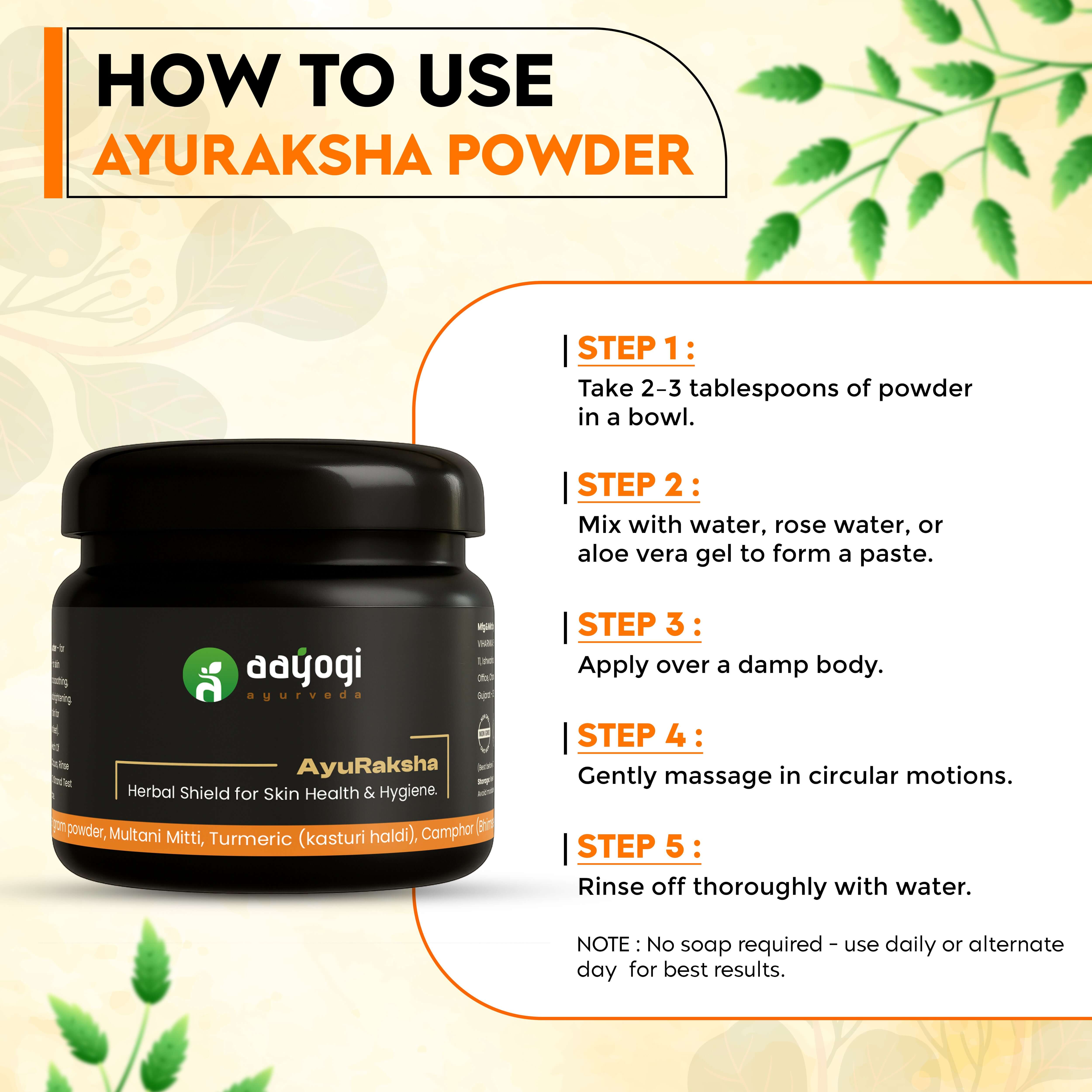 AyuRaksha Herbal Bath Powder usage instructions for skin protection and hygiene by Aayogi Ayurveda with natural ingredients.