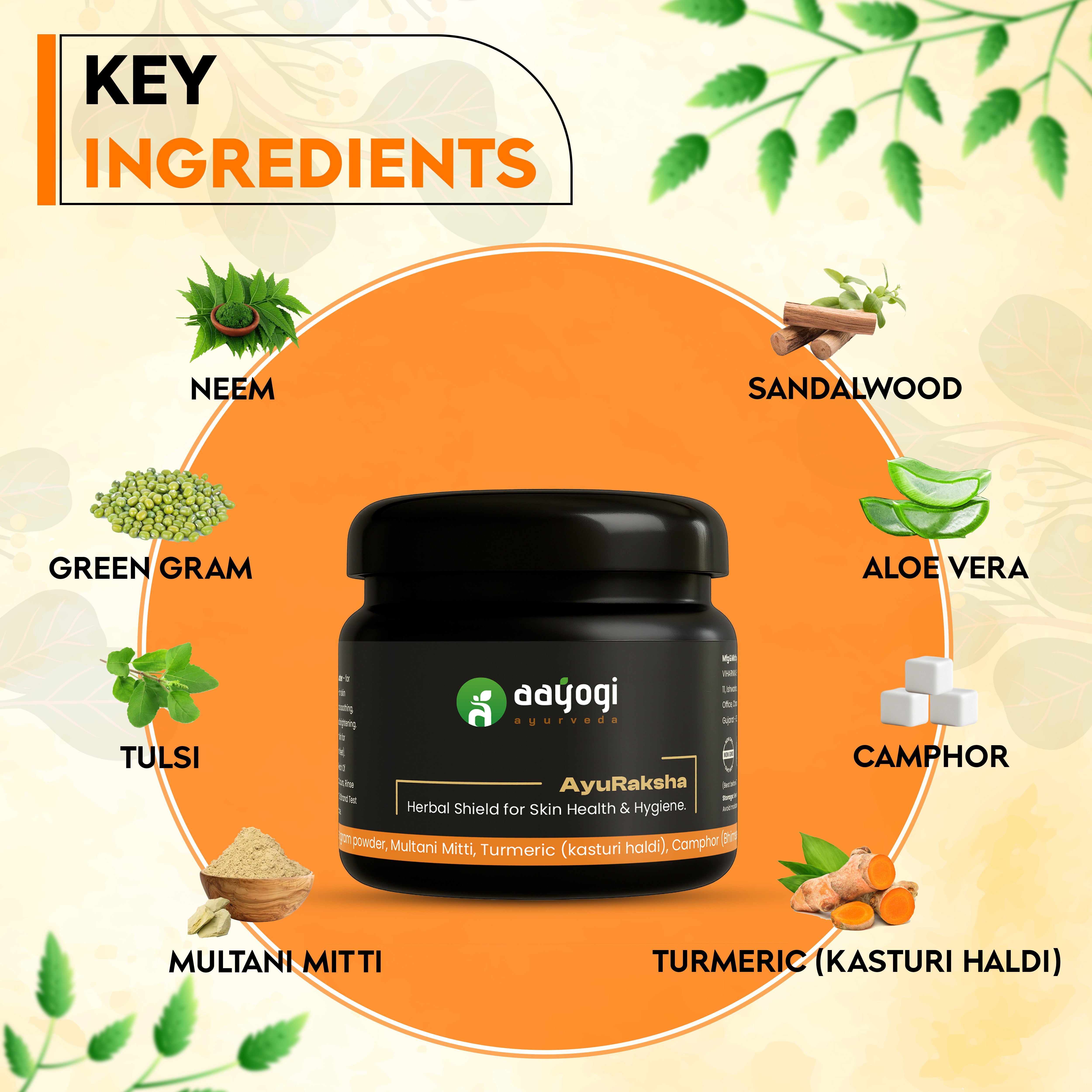 AyuRaksha Herbal Antibacterial Bath Powder with Neem, Tulsi, Turmeric, Camphor, Aloe Vera, Multani Mitti, Sandalwood.