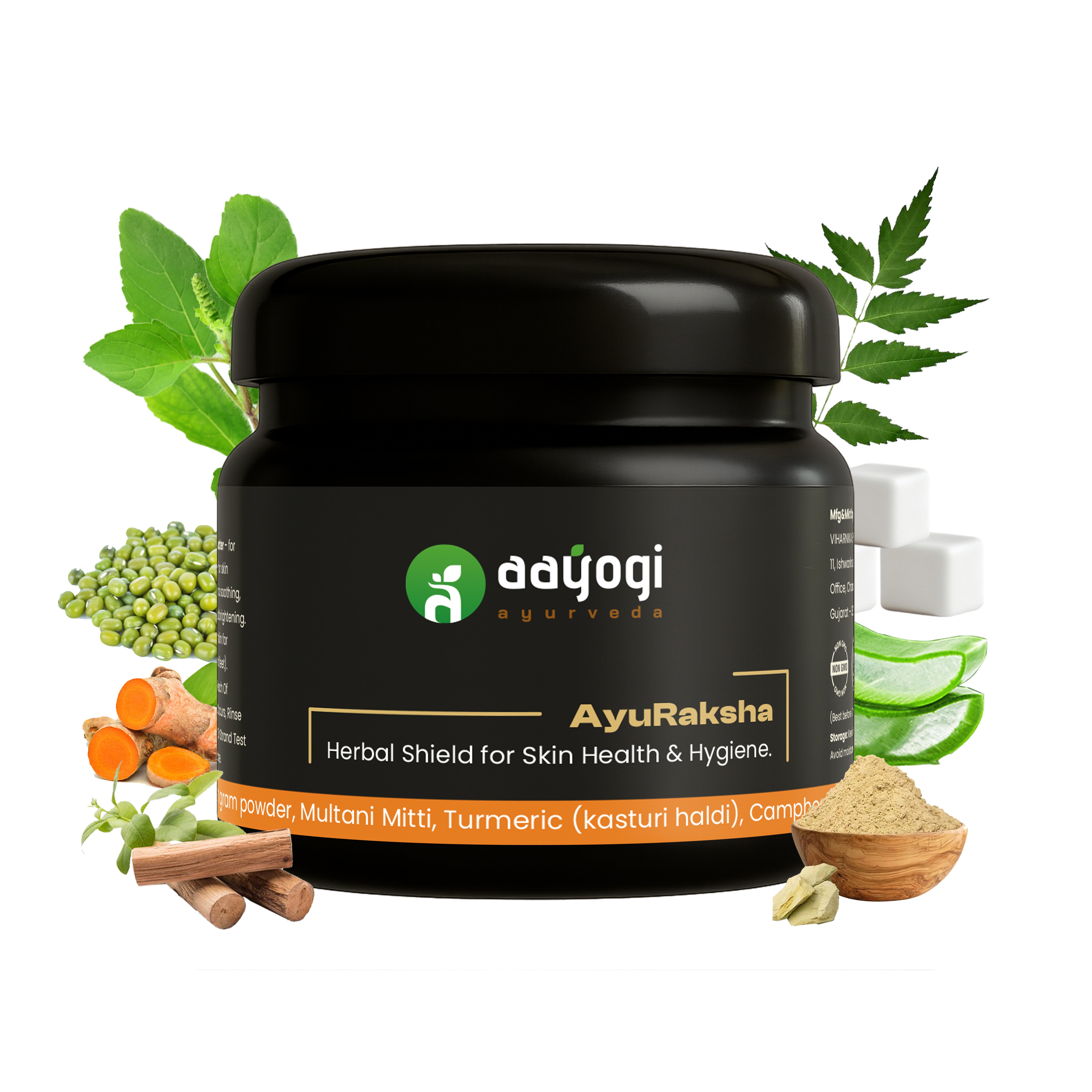 AyuRaksha Antibacterial Bath Powder with Neem, Tulsi, Turmeric, Aloe Vera for skin protection and glow by Aayogi Ayurveda.