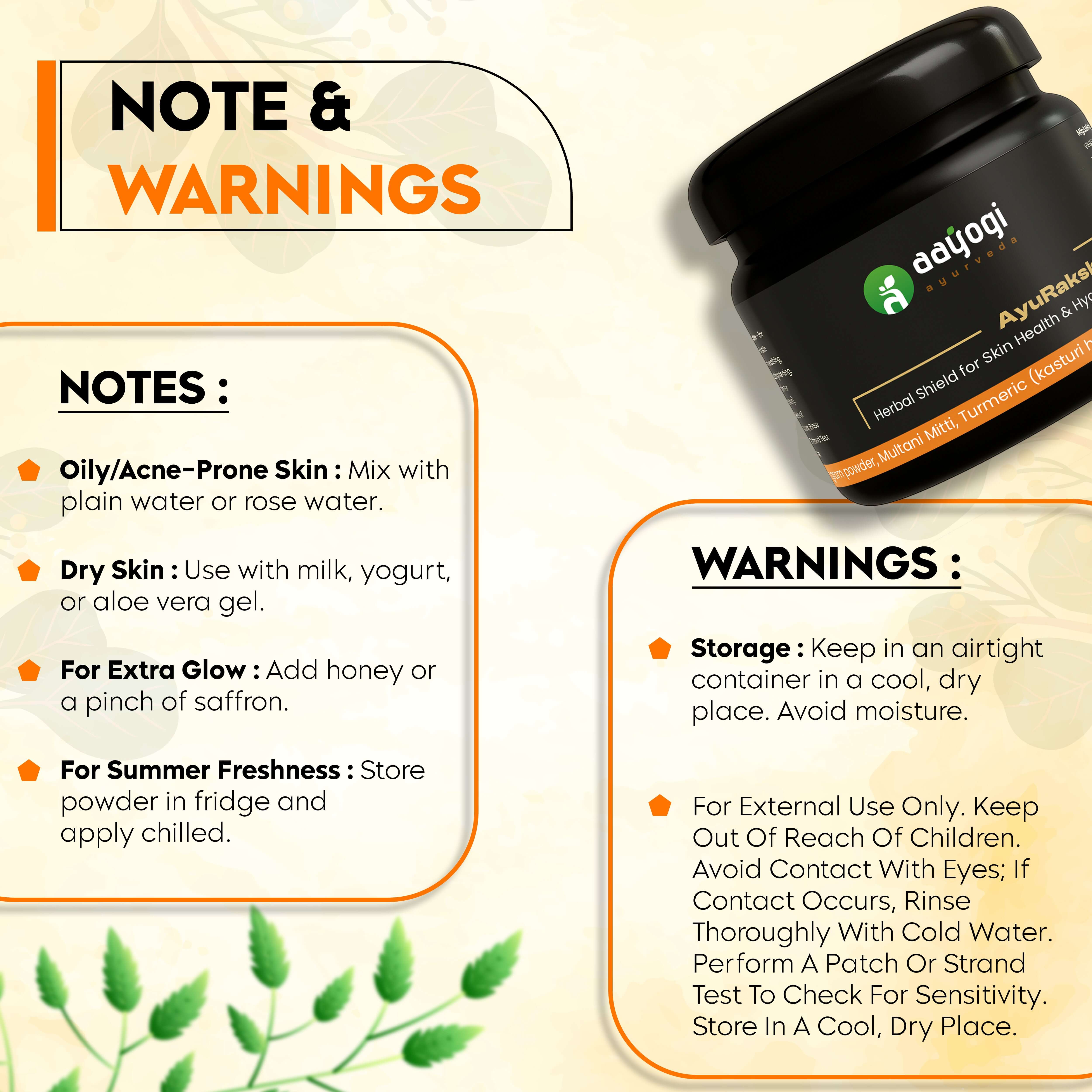 Instructions and warnings for AyuRaksha Herbal Antibacterial Bath Powder with displayed product packaging.