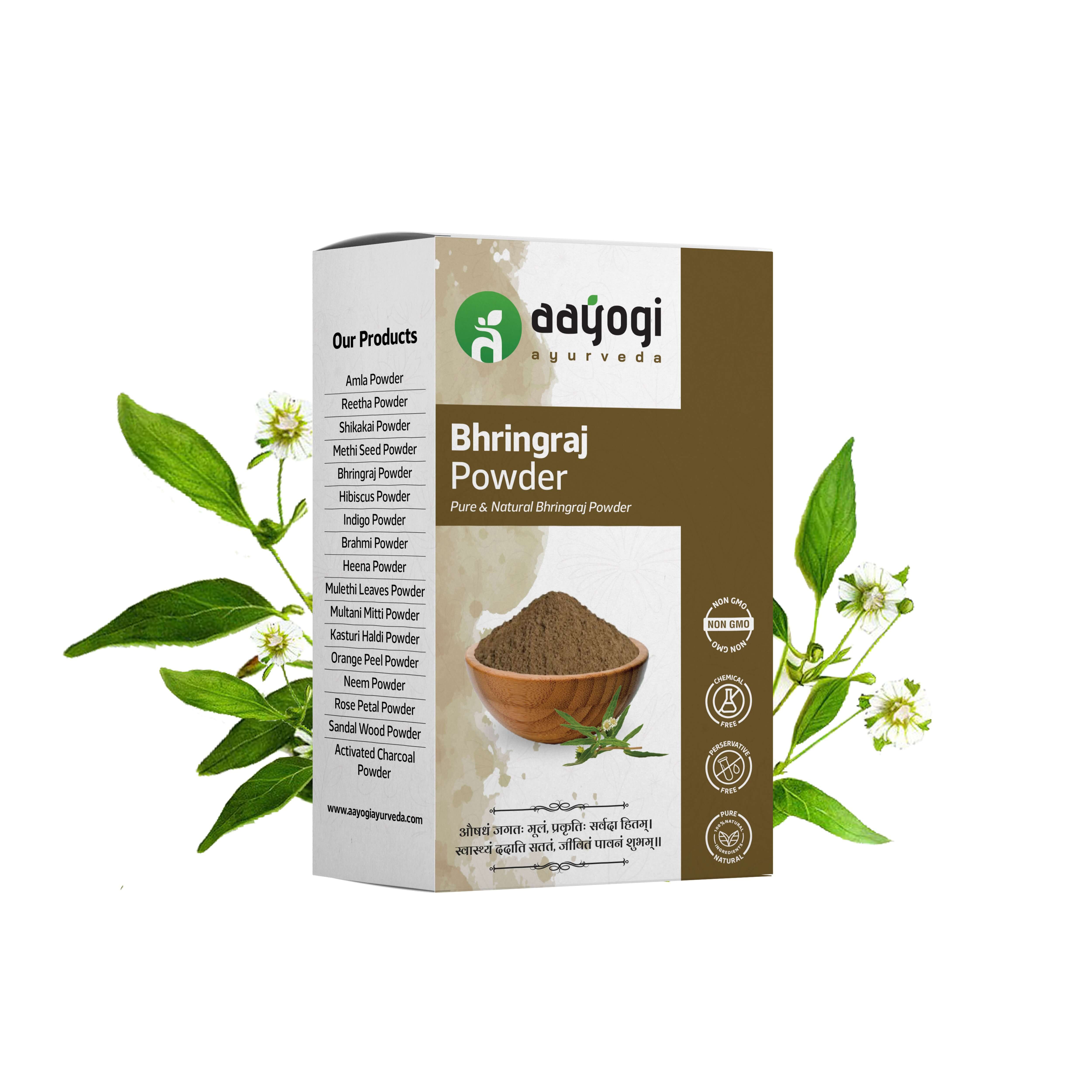 Ayogi Ayurveda Bhringraj Powder for hair growth and root nourishment, featuring natural Eclipta prostrata and Ayurvedic benefits.