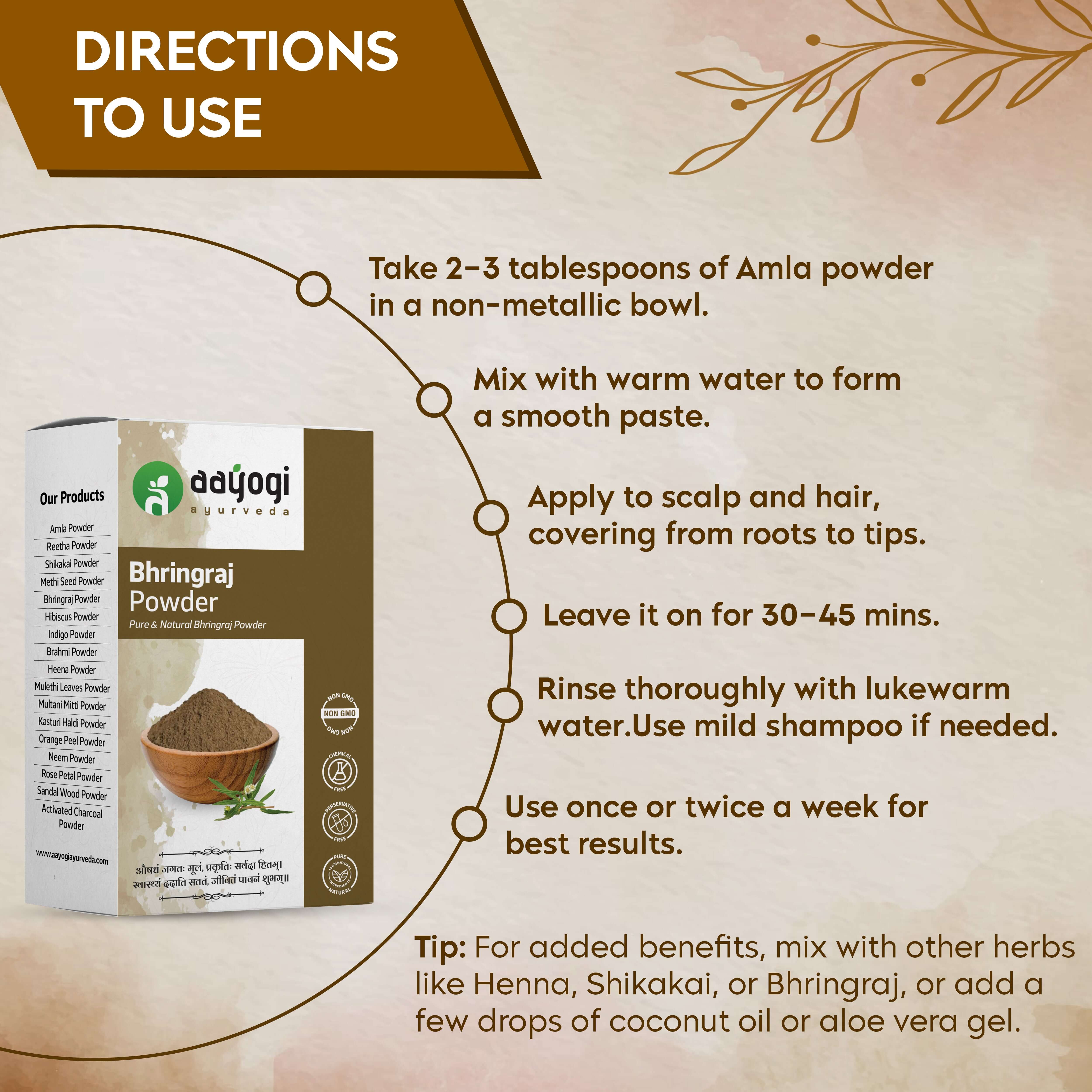 Aayogi Ayurveda Bhringraj Powder box with usage directions for hair treatment.