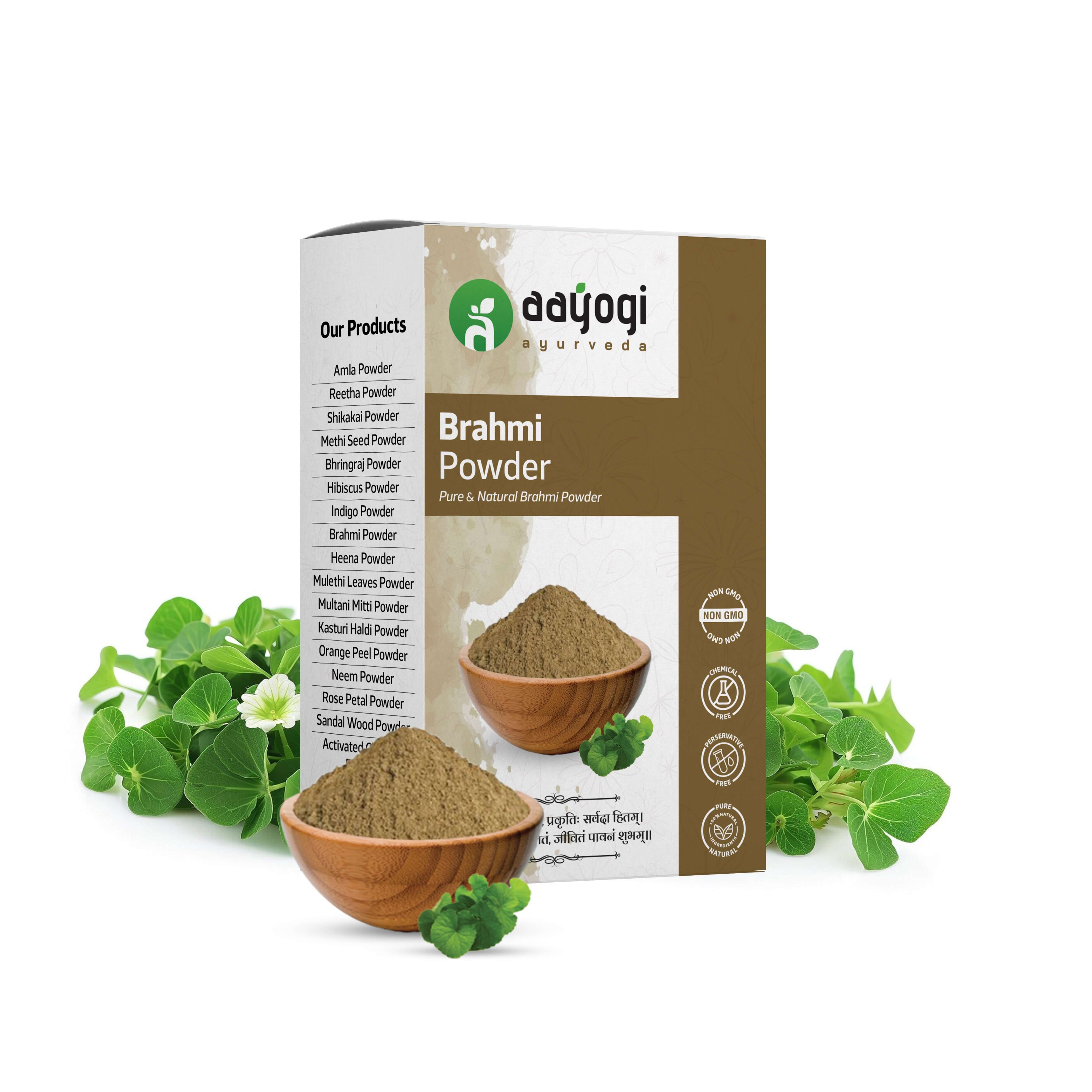 Aayogi Ayurveda Brahmi Powder for Hair Growth, natural Ayurvedic supplement made from Bacopa monnieri leaves in a bowl.