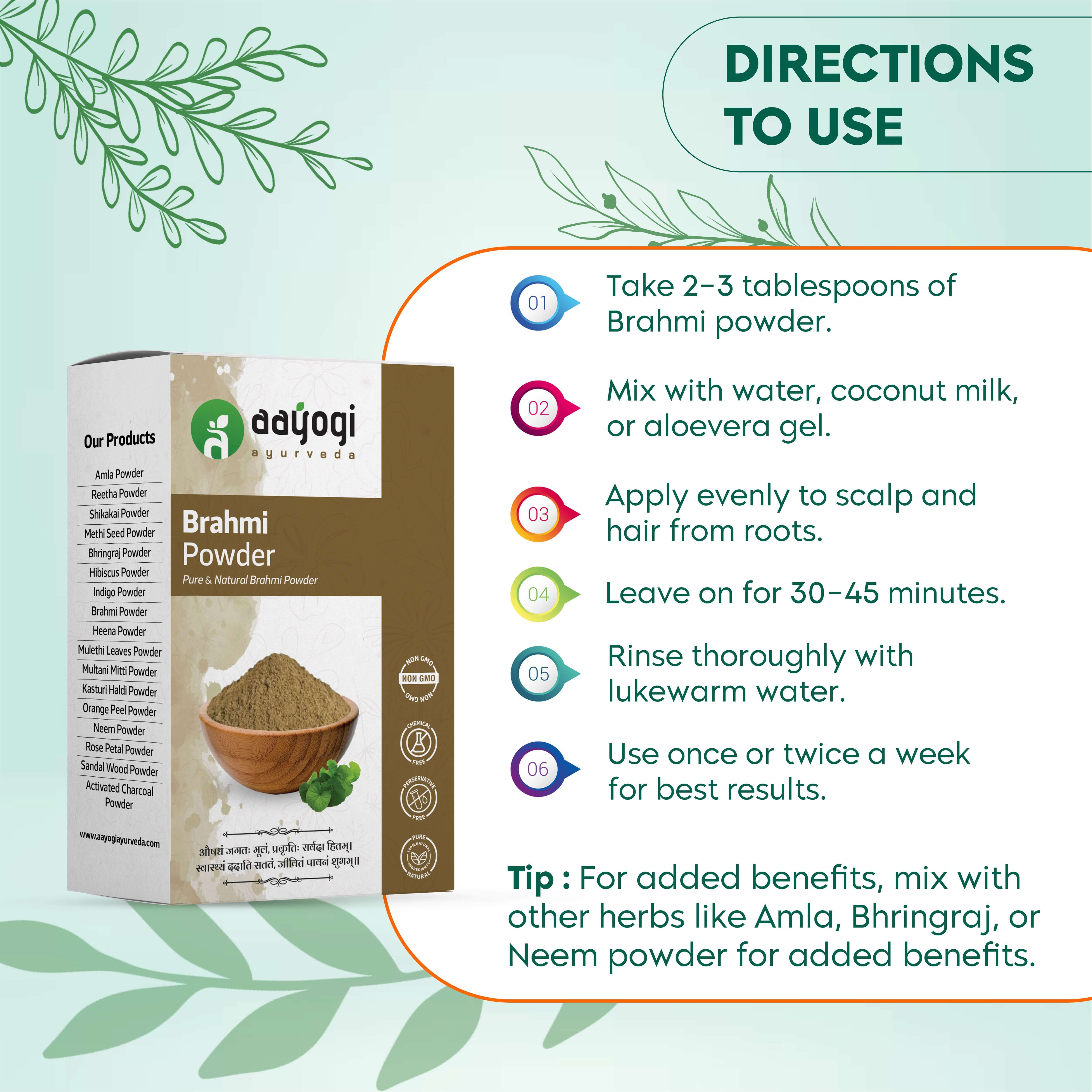 Ayurvedic Brahmi Powder for Hair Growth with usage directions on box.