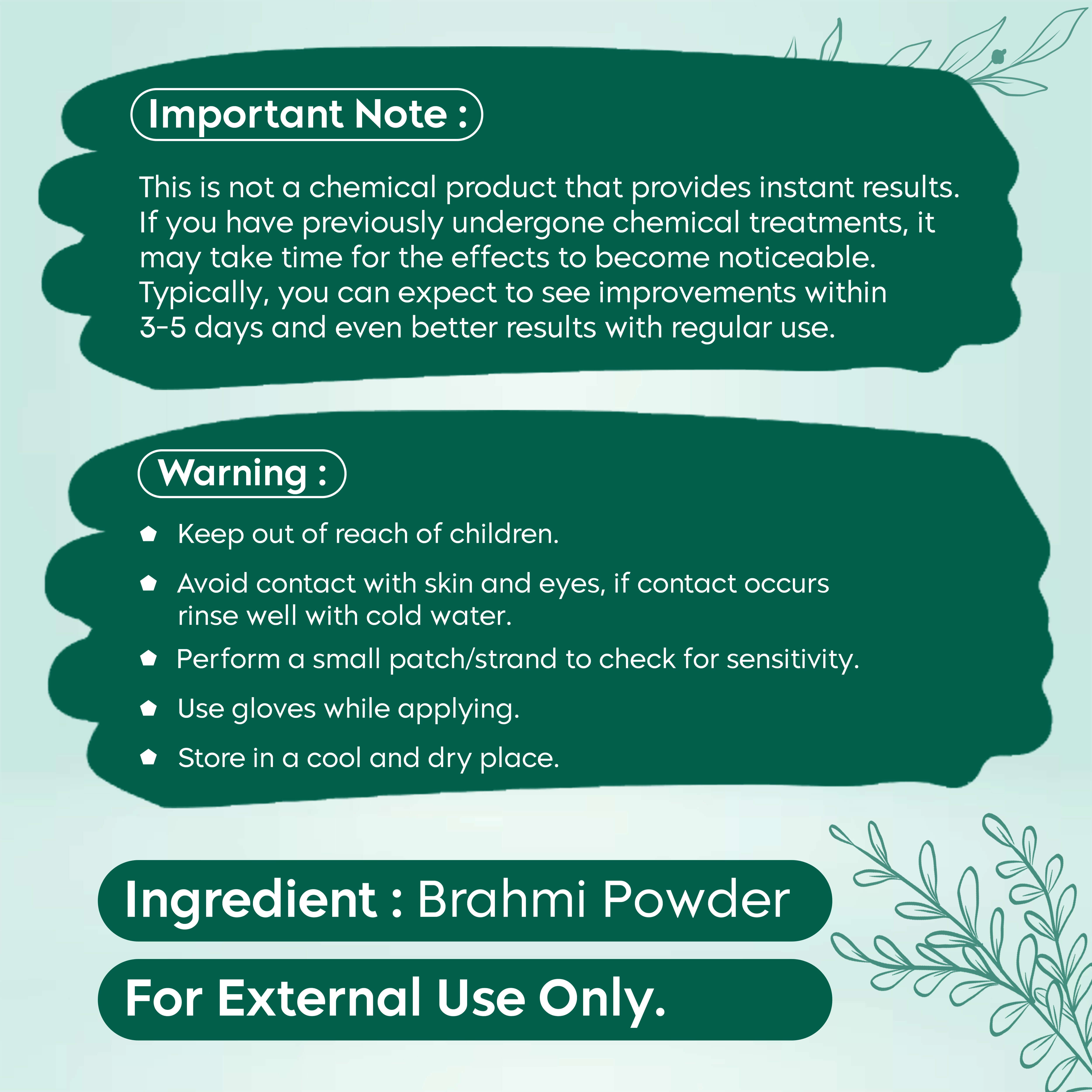 Product label for Ayurvedic Brahmi Powder with usage instructions and warnings for external use.