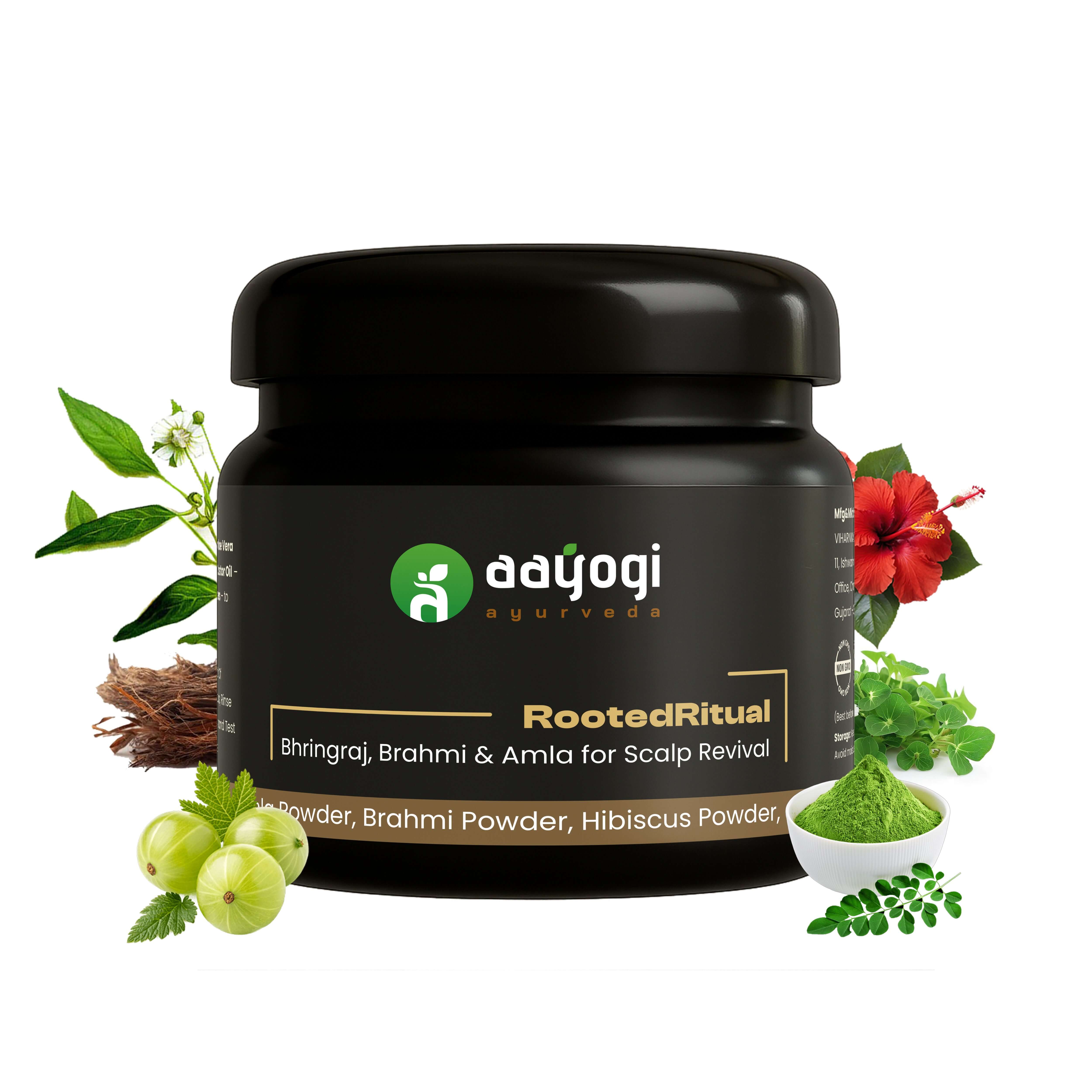 Rooted Ritual Ayurvedic Hair & Scalp Mask with herbs like Bhringraj, Brahmi, Amla, Hibiscus for growth and strength by Aayogi Ayurveda