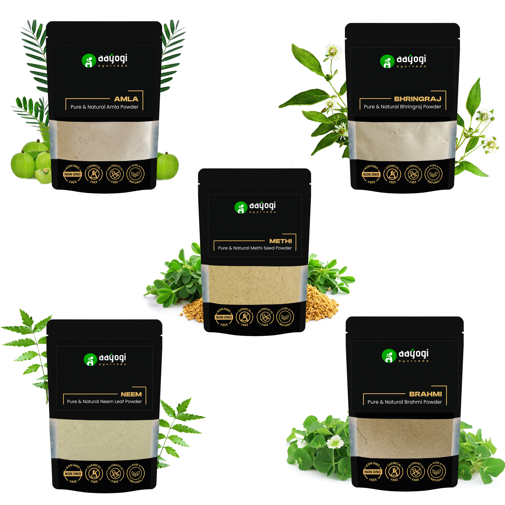 Roots & Boots Ayurvedic Hair Strength Combo featuring Amla, Bhringraj, Methi, Brahmi, Neem powders for natural hair care.