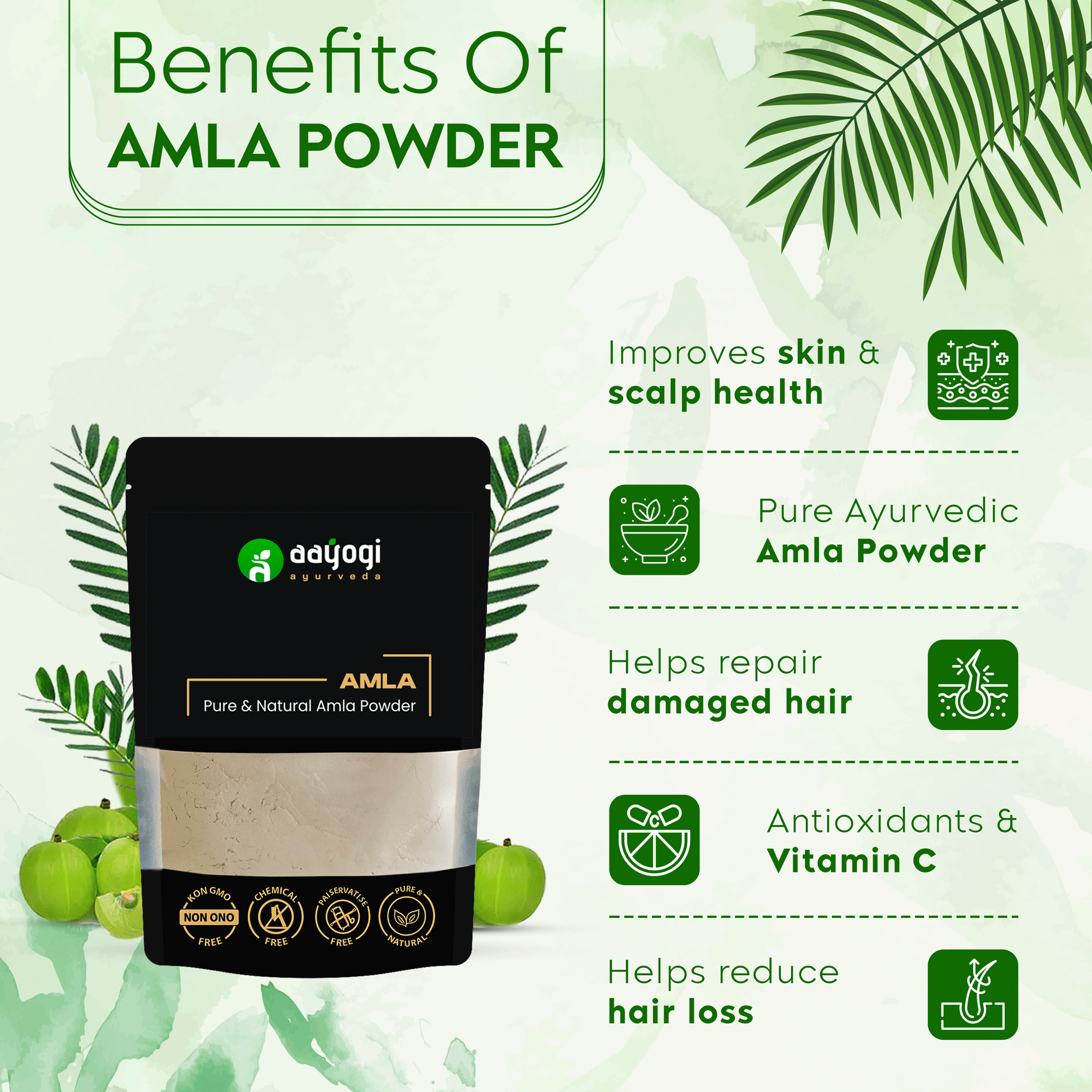Aayogi Pure Ayurvedic Amla Powder benefits for hair, highlighting skin, scalp health improvement, and vitamin C antioxidants.