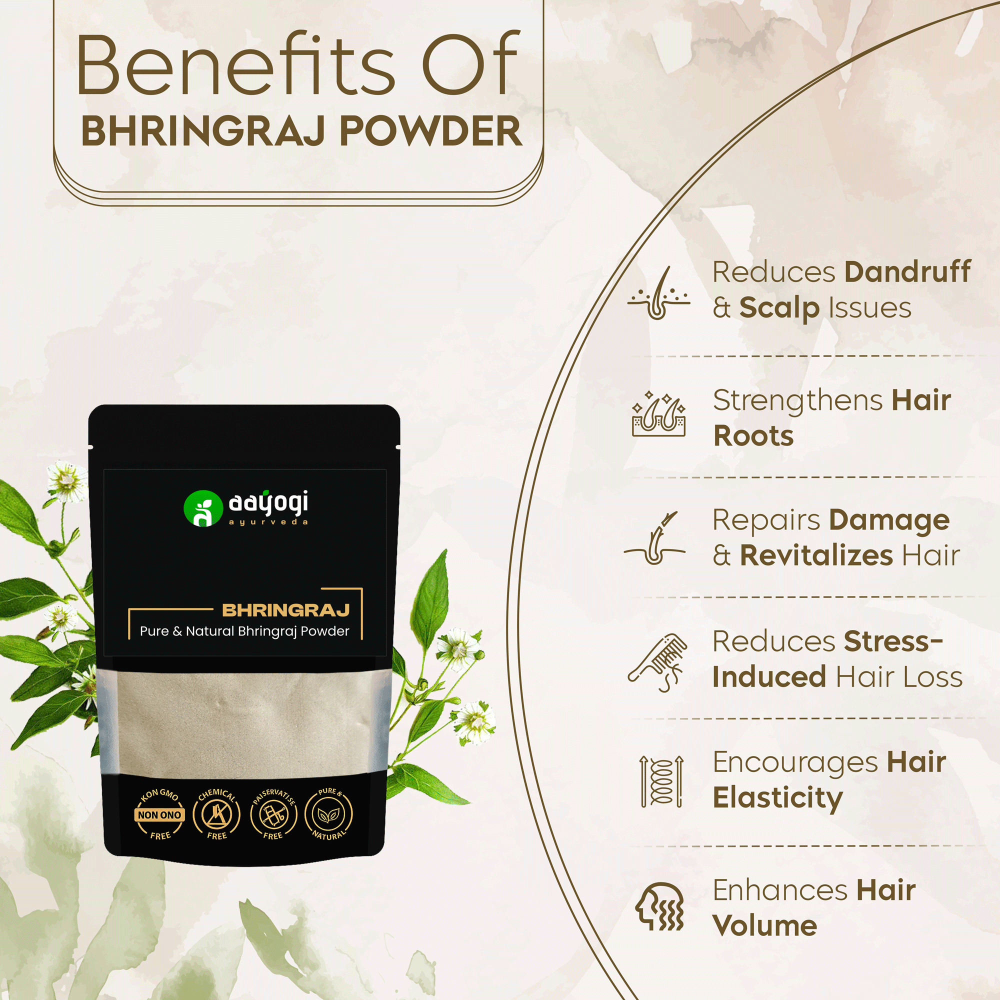 Bhringraj Powder Benefits: reduces dandruff, strengthens roots, repairs hair, reduces hair loss, enhances volume.
