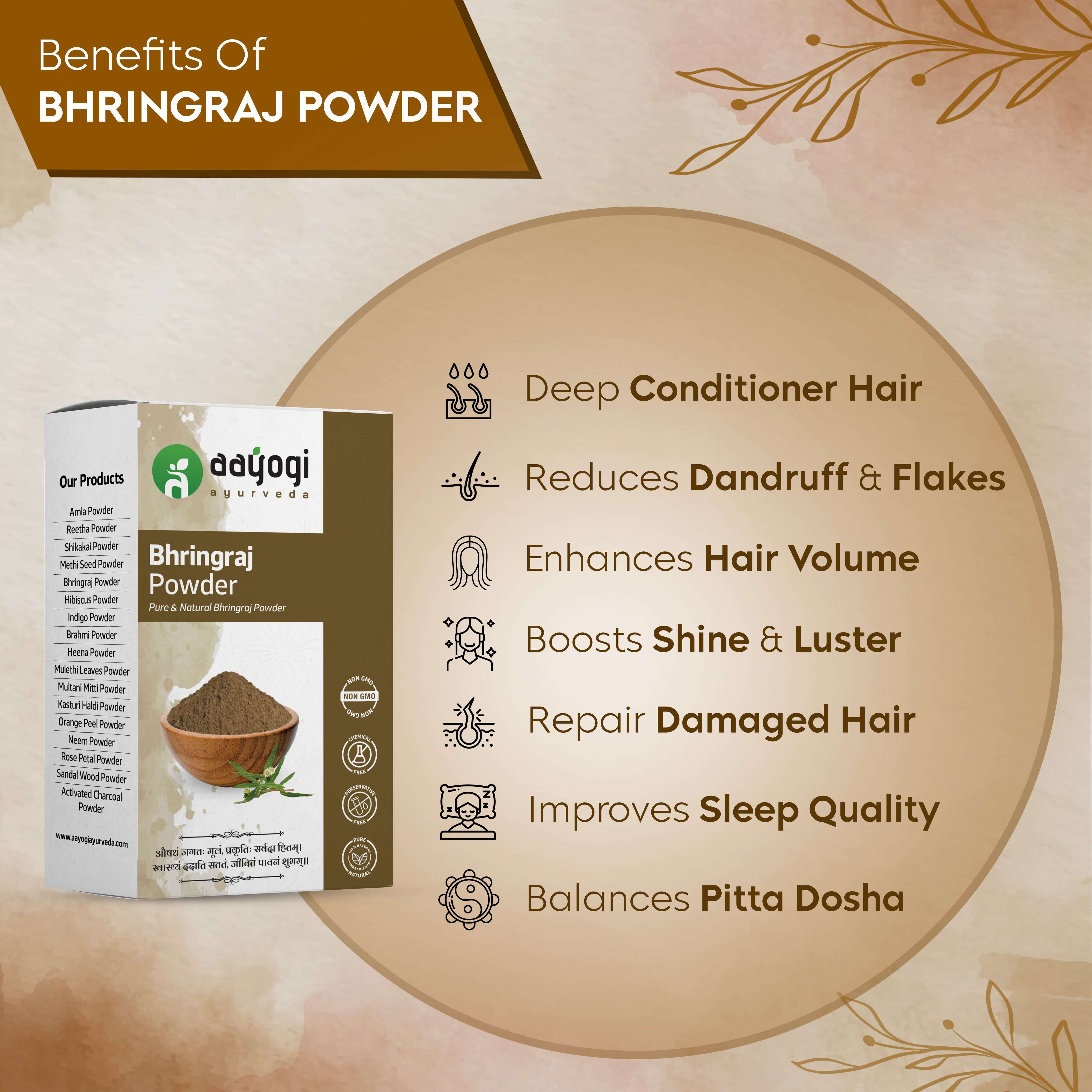 Ayurvedic Bhringraj Powder benefits, including hair conditioning, dandruff reduction, enhanced volume, and improved sleep quality.
