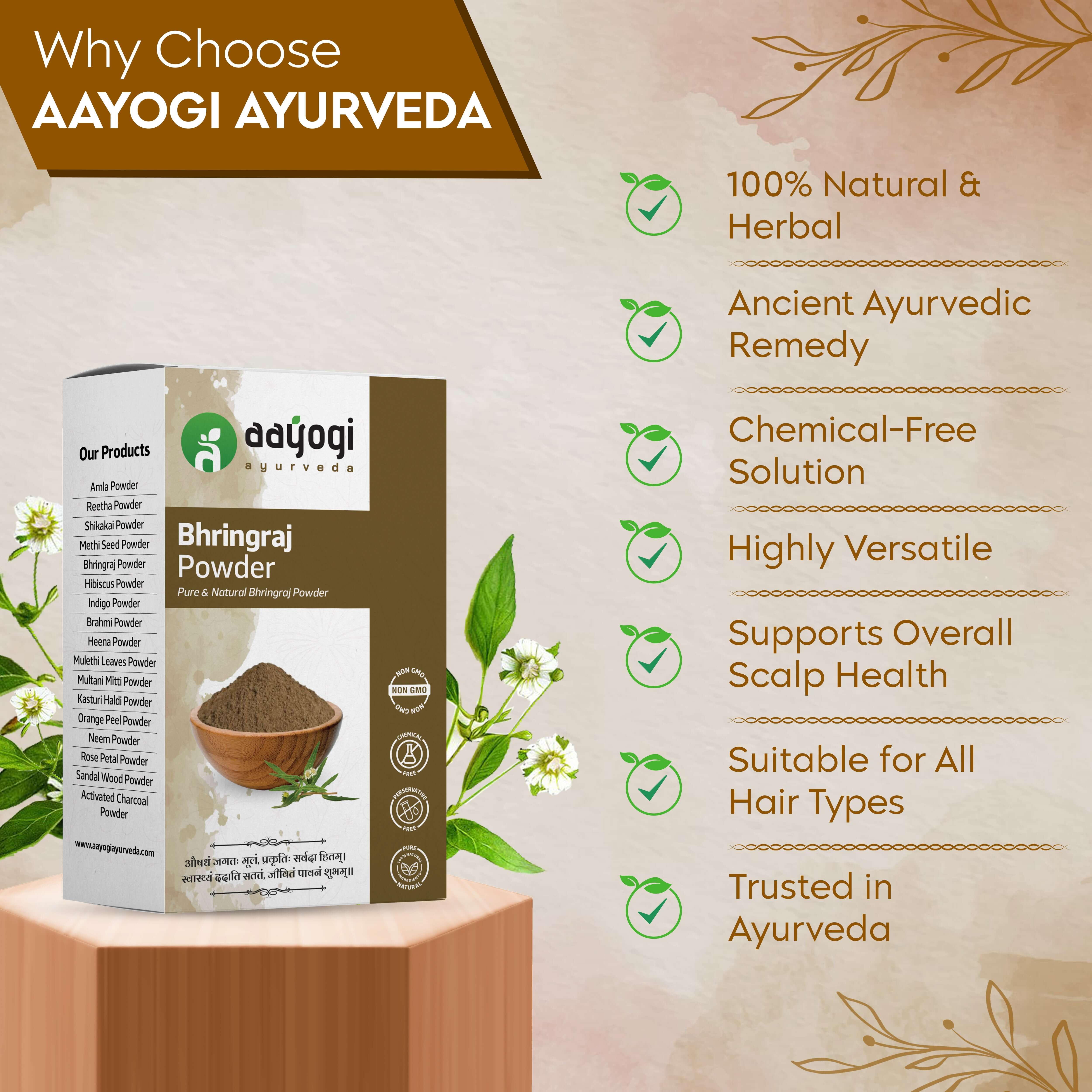 Aayogi Ayurveda Bhringraj Powder for hair growth and scalp health, natural and chemical-free Ayurvedic remedy.