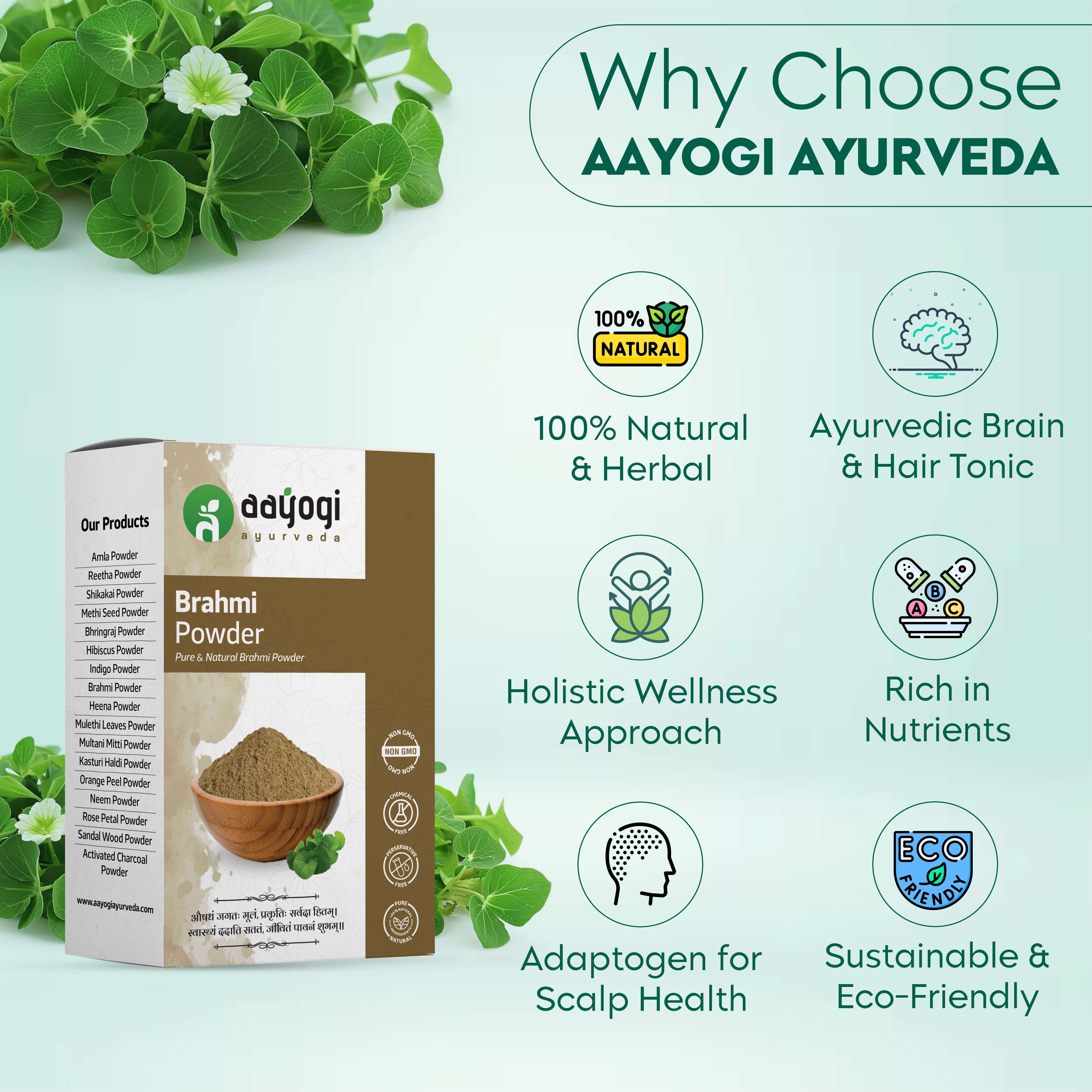 Aayogi Ayurveda Brahmi Powder box highlighting benefits like 100% natural, rich in nutrients, and Ayurvedic brain & hair tonic.