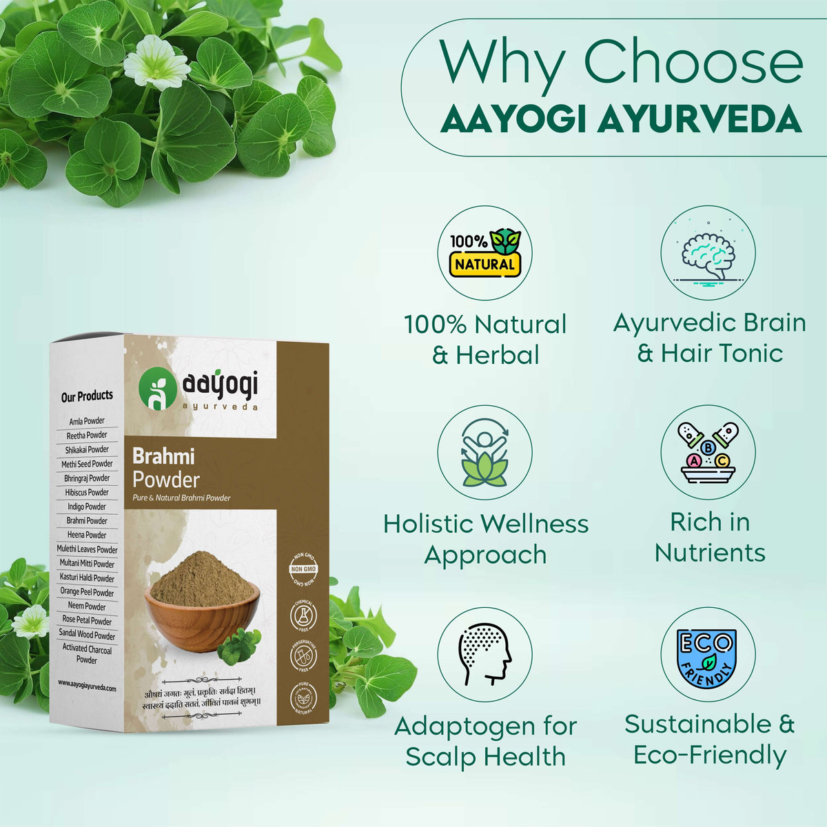 Aayogi Ayurveda Brahmi Powder box highlighting benefits like 100% natural, rich in nutrients, and Ayurvedic brain & hair tonic.