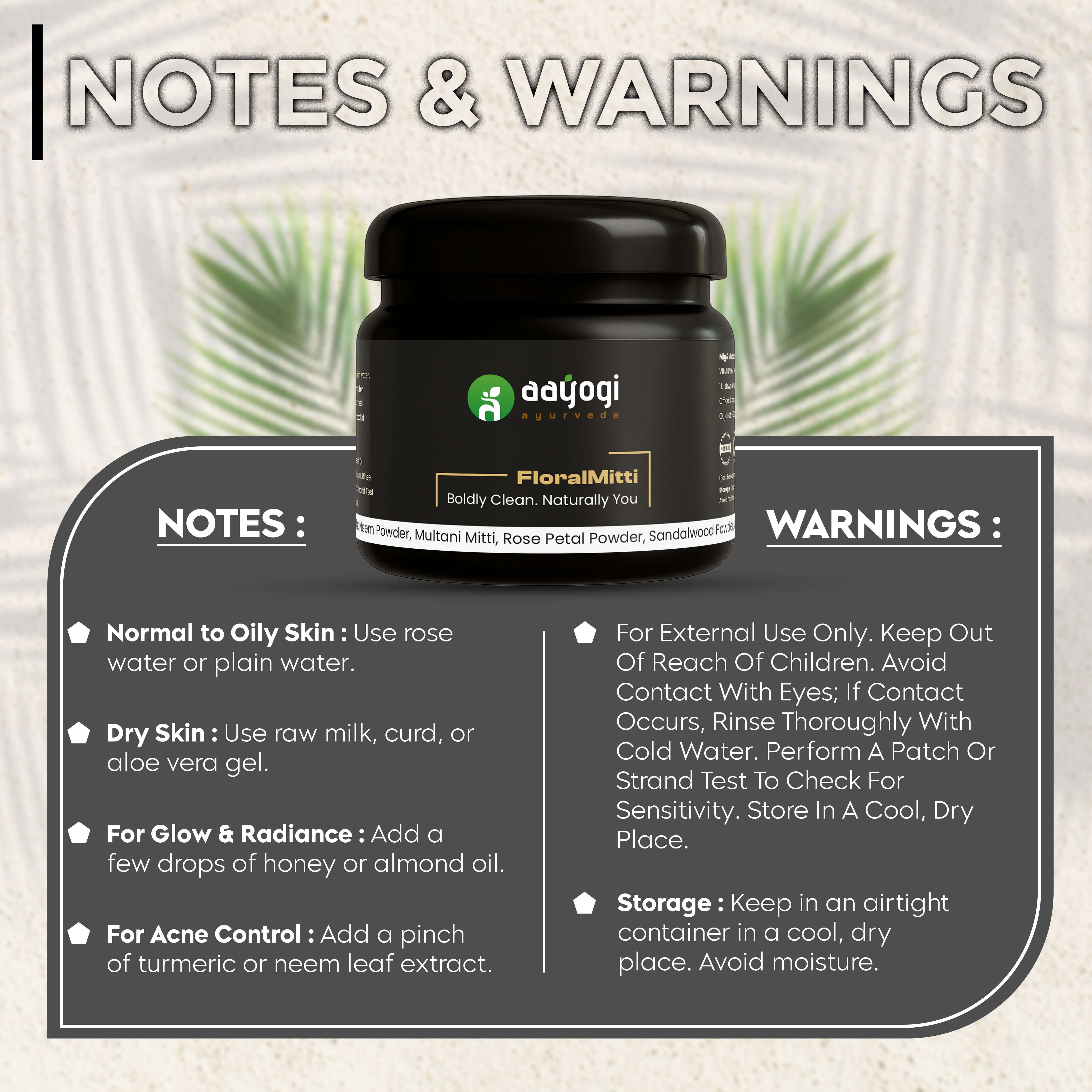 FloralMitti Skin Detox Powder by Aayogi Ayurveda with usage notes and warnings on natural skincare.