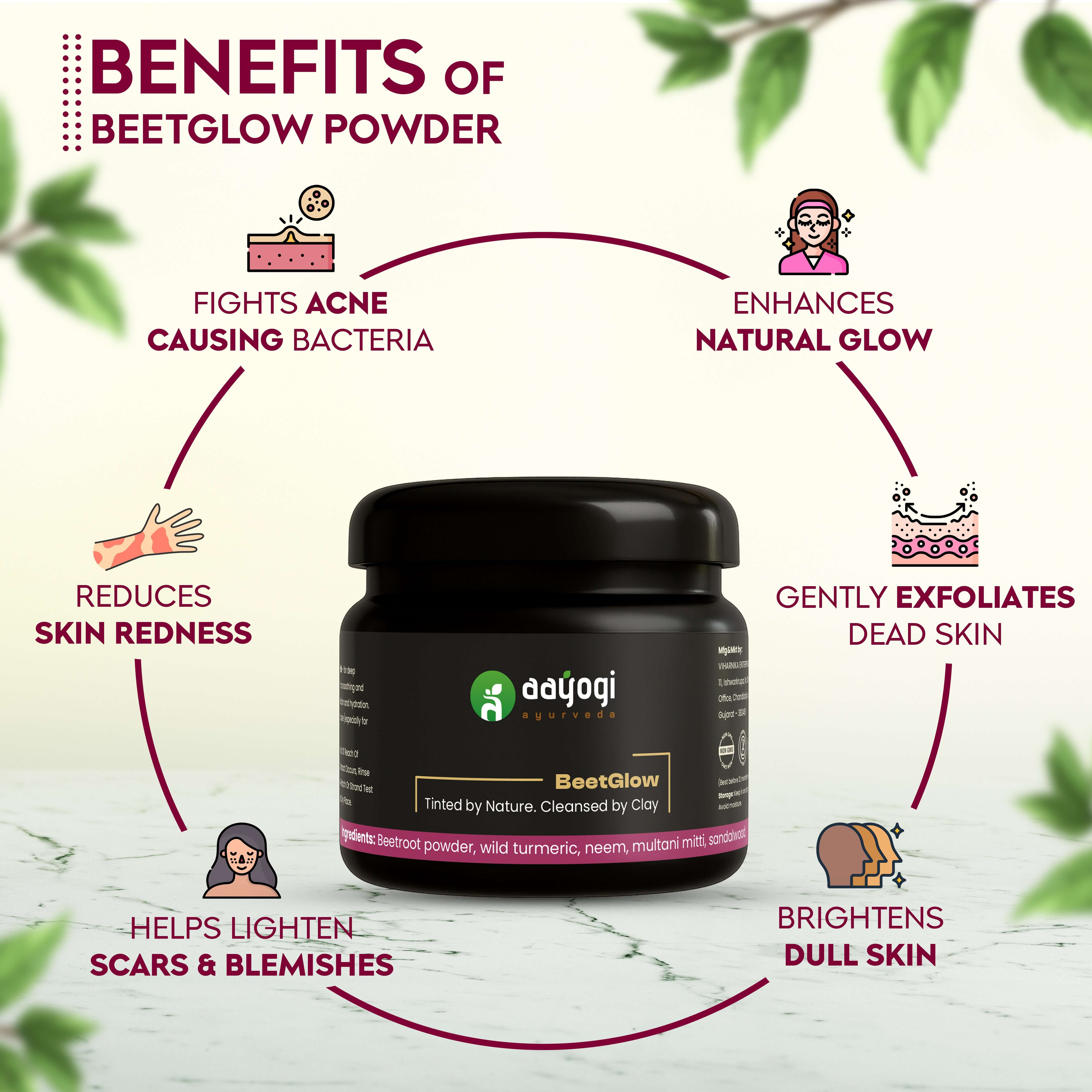 BeetGlow Skin Brightening Ubtan benefits - fights acne, enhances glow, reduces redness, exfoliates, lightens scars, brightens skin.