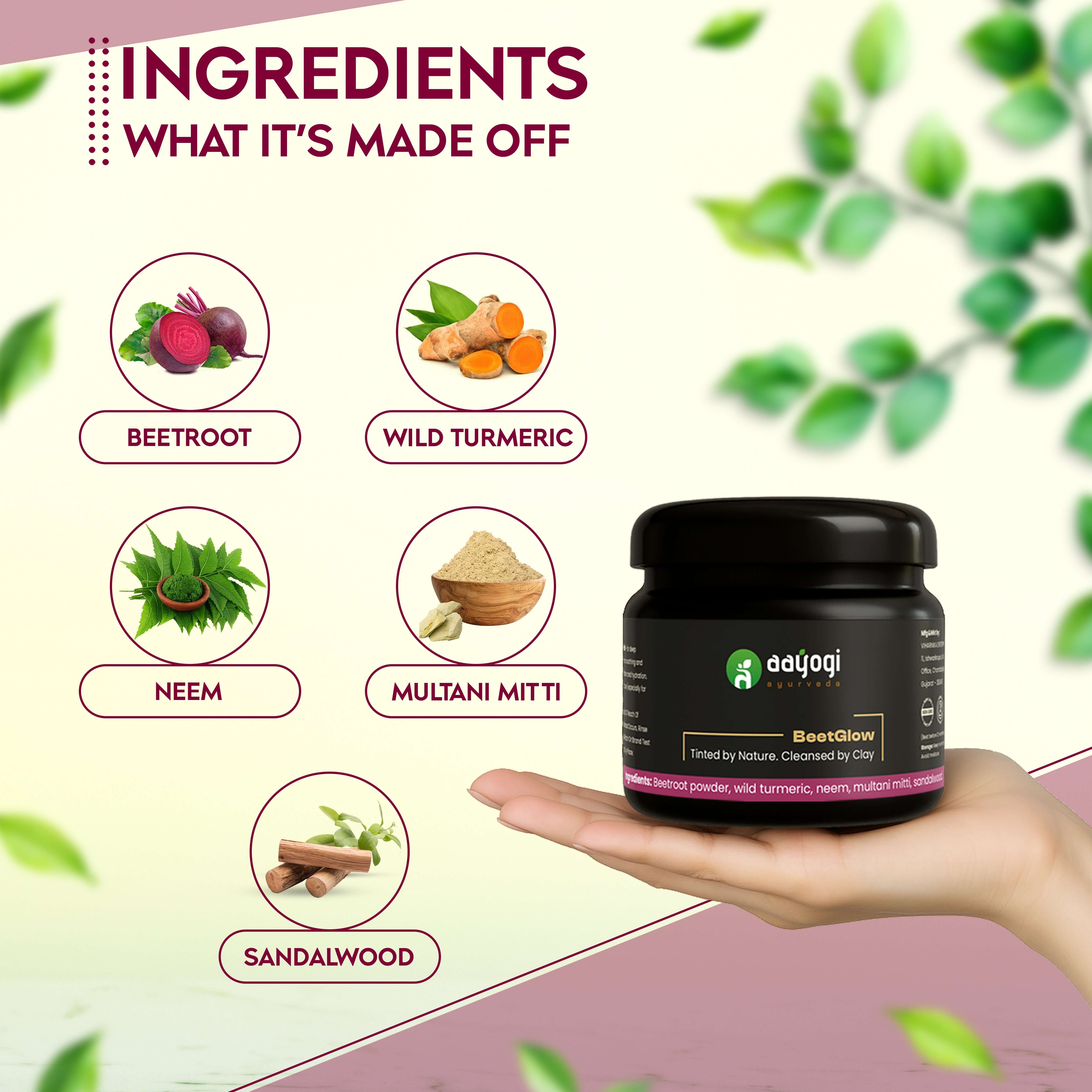 BeetGlow Beetroot Ubtan by Aayogi Ayurveda displayed with ingredients: beetroot, wild turmeric, neem, multani mitti, sandalwood.