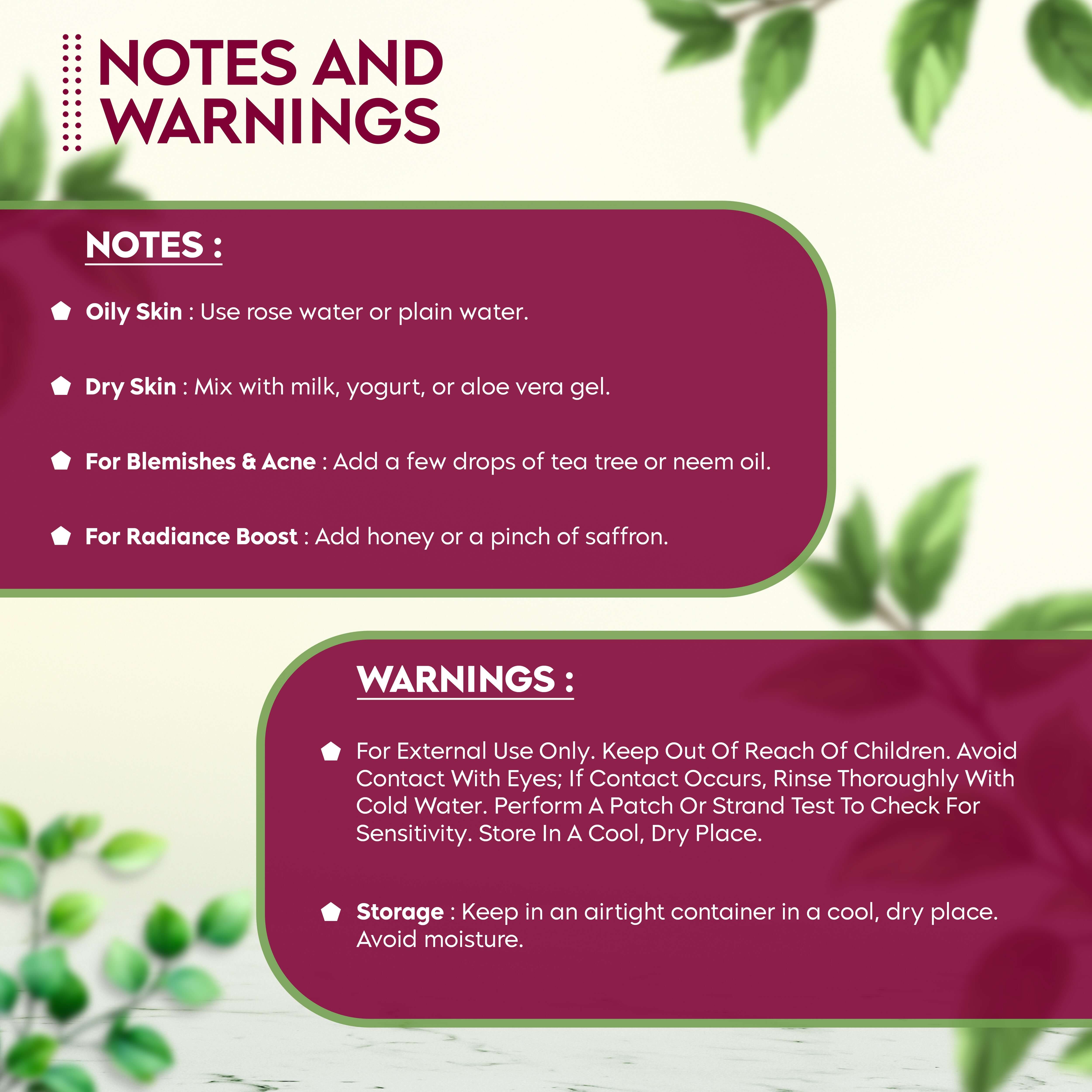 Product notes and warnings on skin care application with instructions for different skin types and storage guidelines.