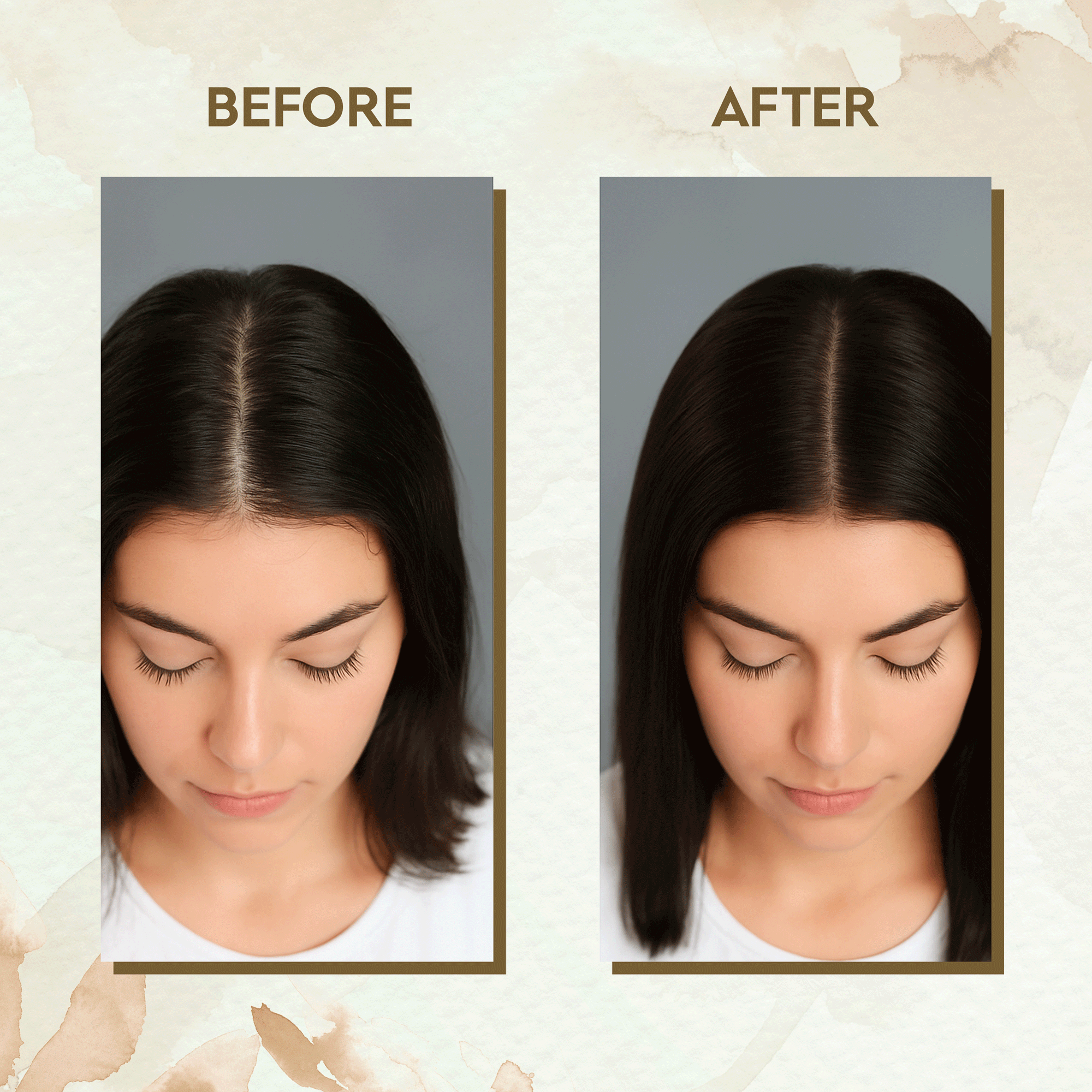 Before and after image showing hair thickness improvement with Roots & Boots Ayurvedic Hair Strength Combo.