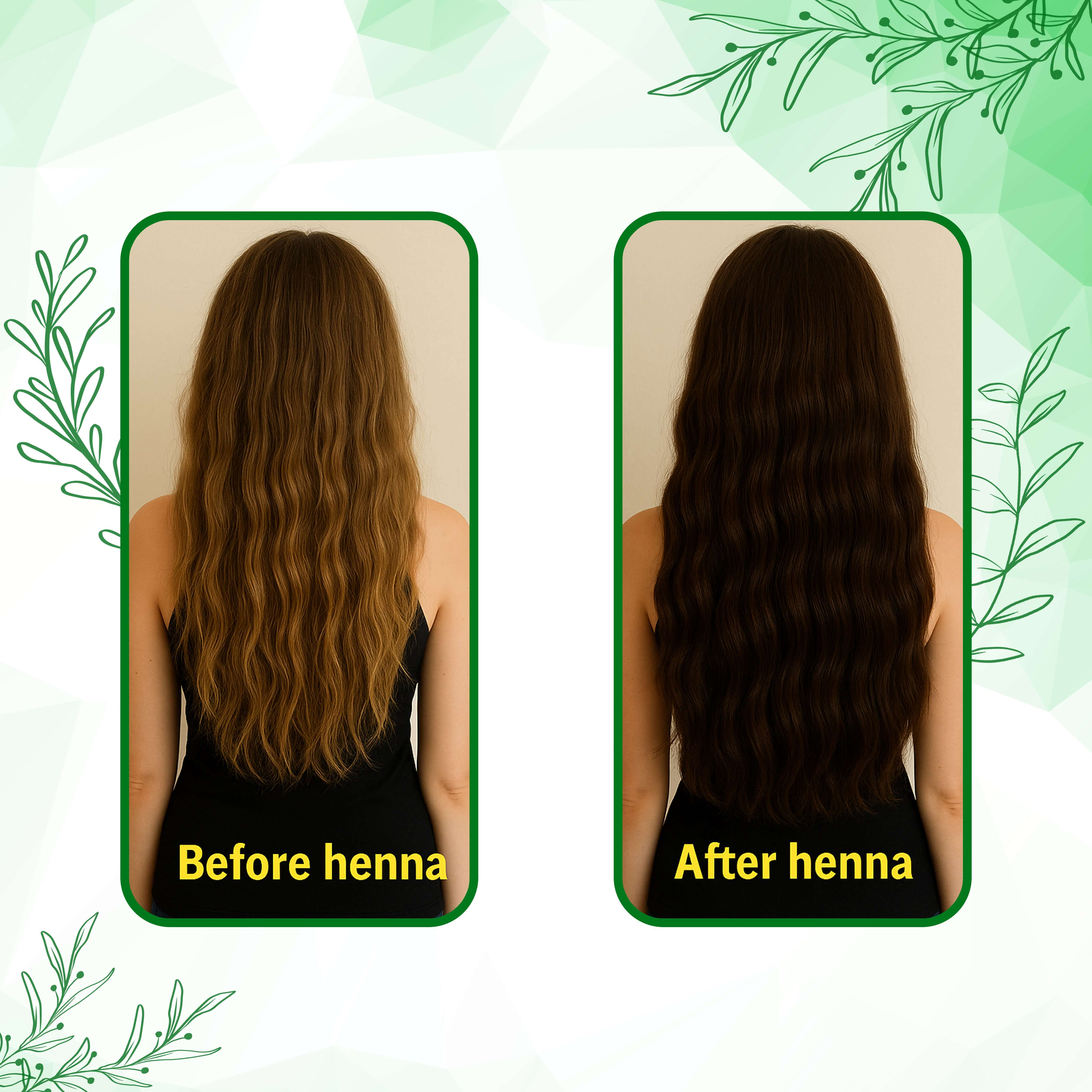 Before and after results of using henna leaf powder for hair coloring and conditioning, showing transformation from light to dark hair.