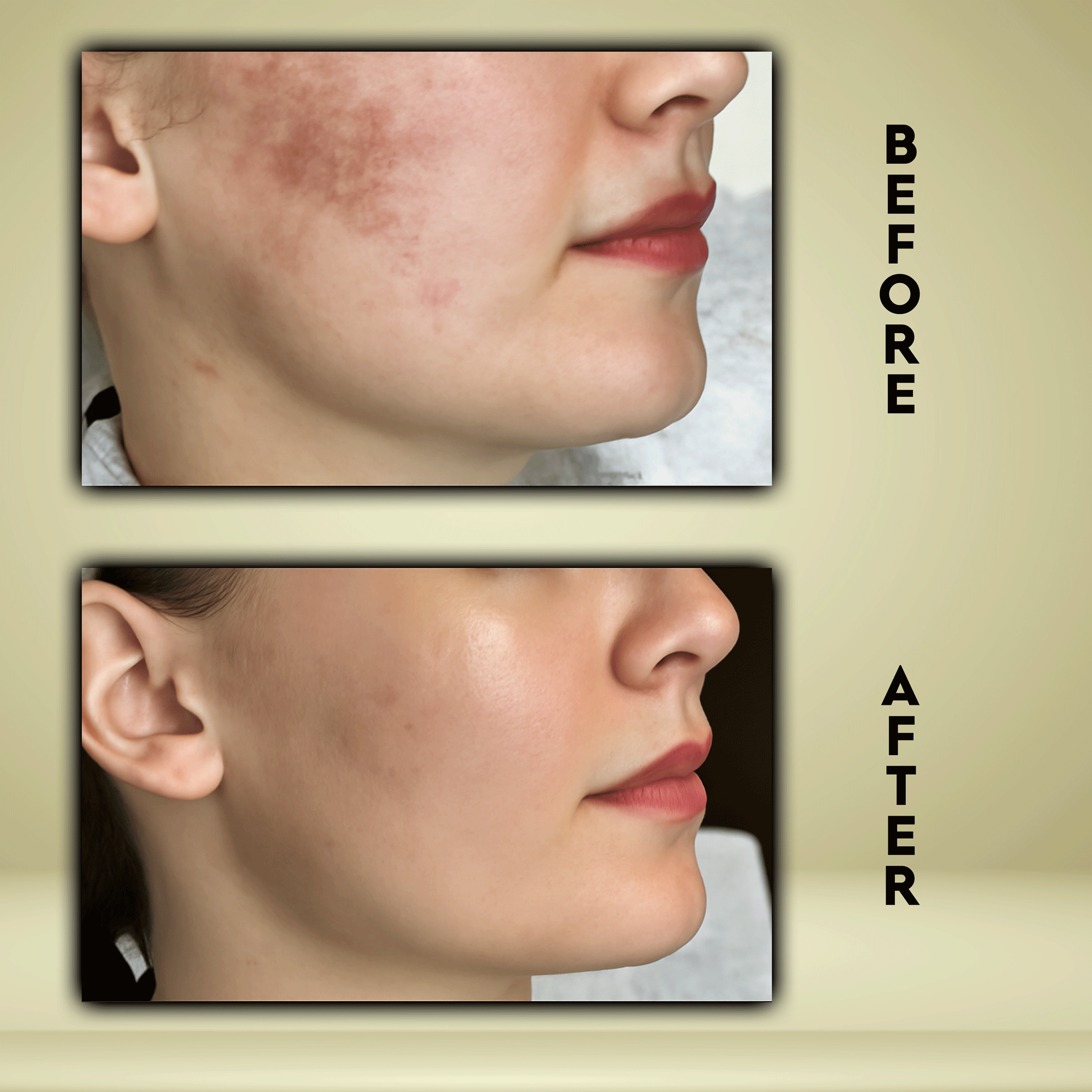 Before and after image showing skin improvement using sandalwood powder