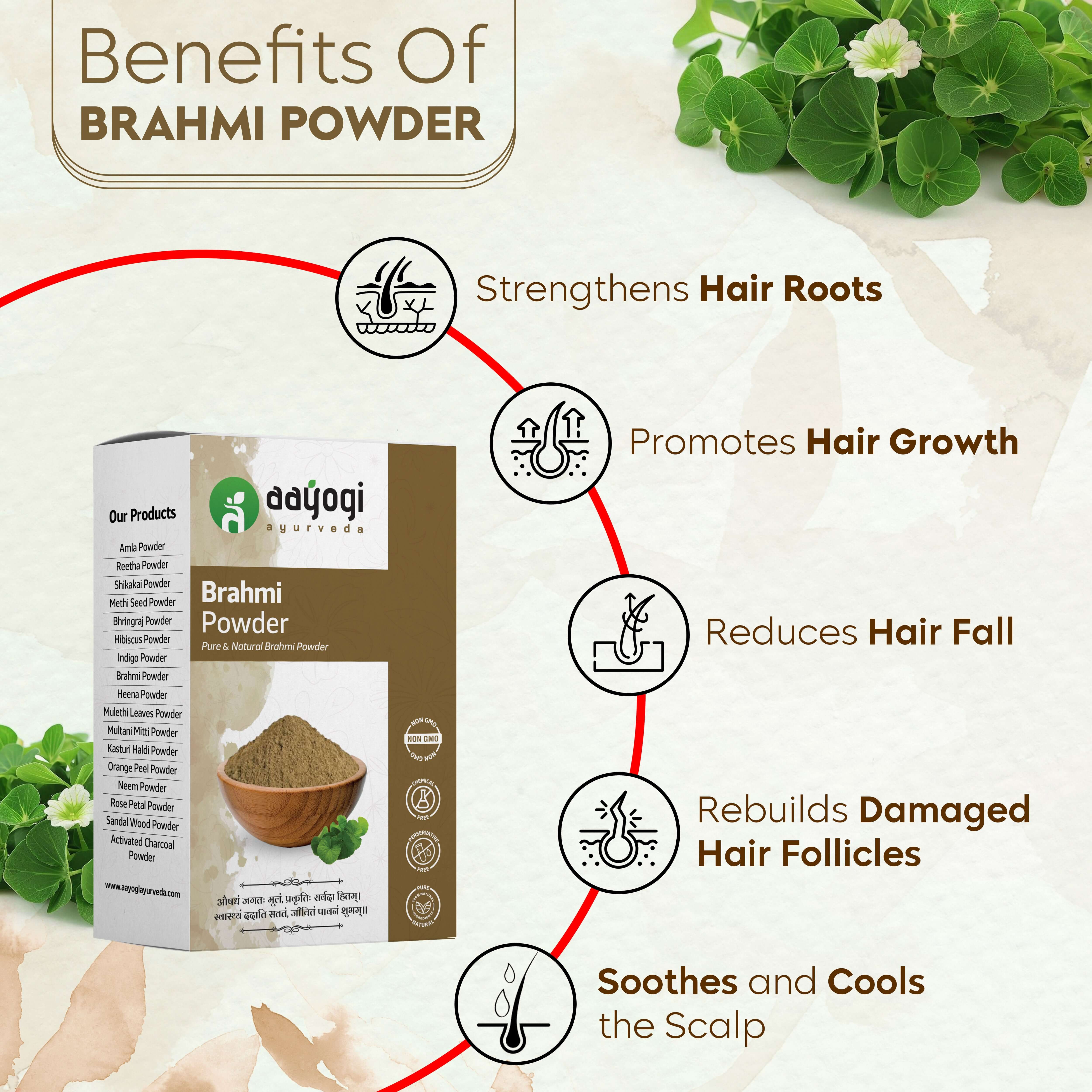 Brahmi Powder benefits infographic showcasing hair strength, growth, scalp soothing, reduced hair fall, and follicle repair.