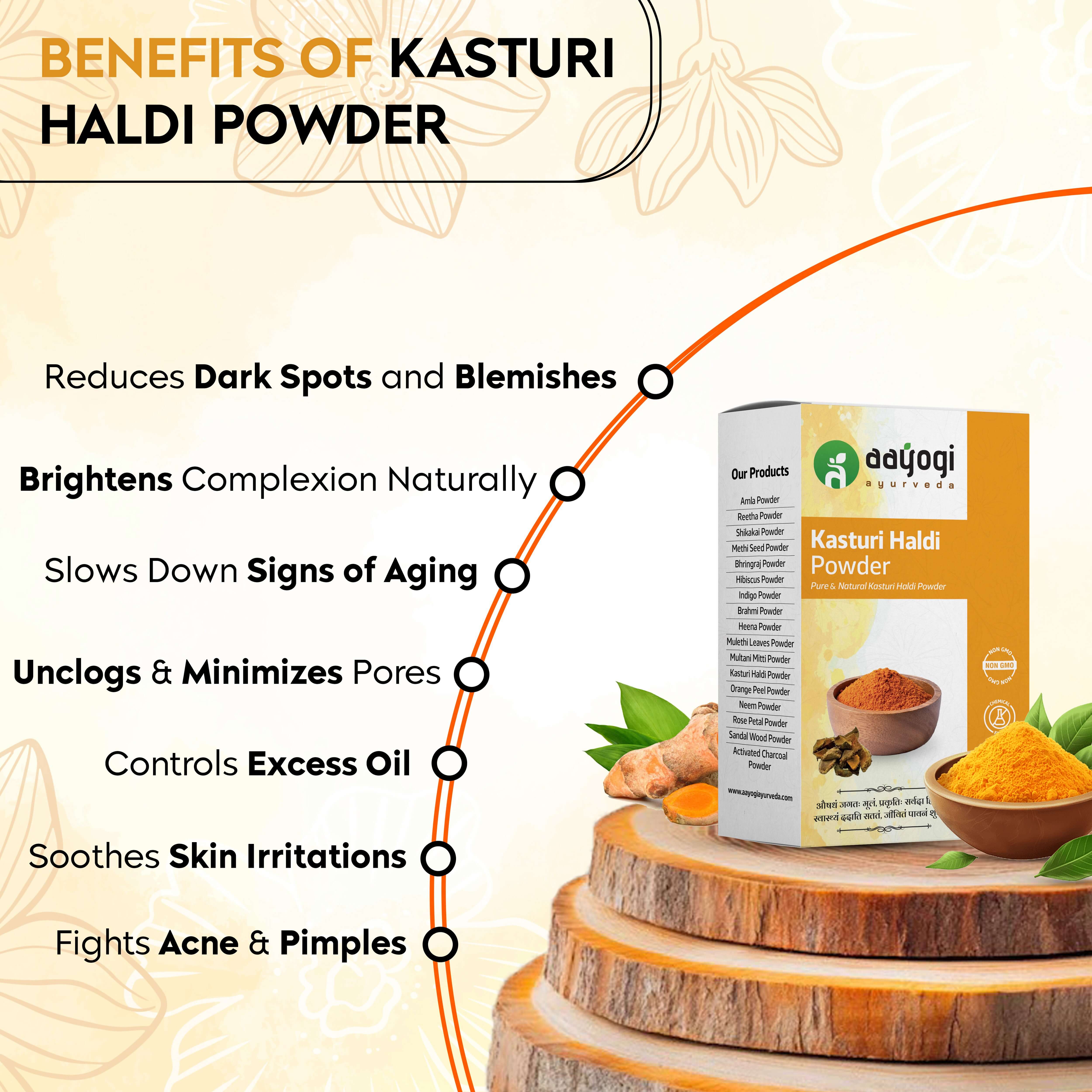 Golden Glow Kasturi Haldi Powder box with benefits, including reducing dark spots, brightening complexion, and fighting acne.