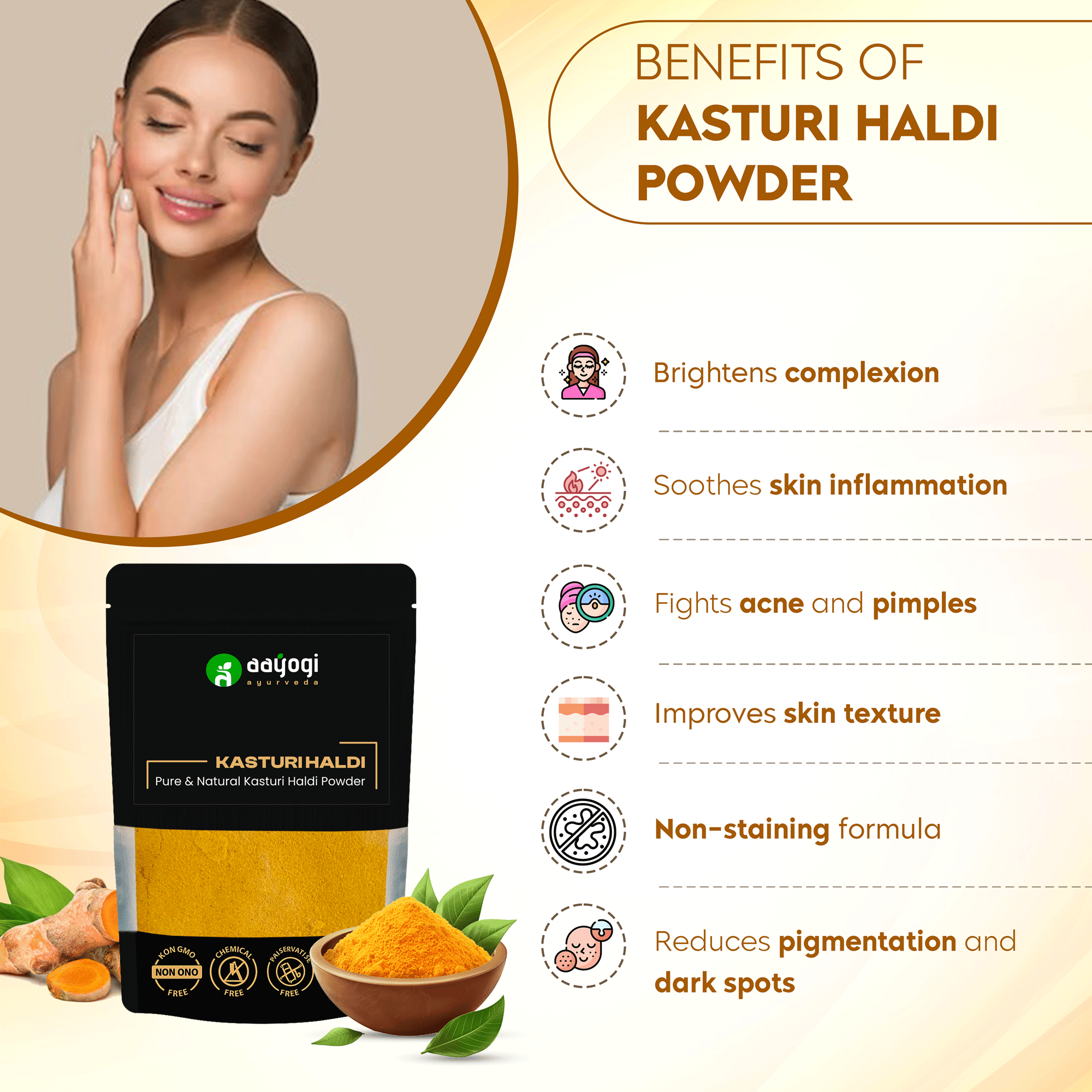 Woman enjoying benefits of Kasturi Haldi Powder for brightening complexion, reducing pigmentation, and improving skin texture.