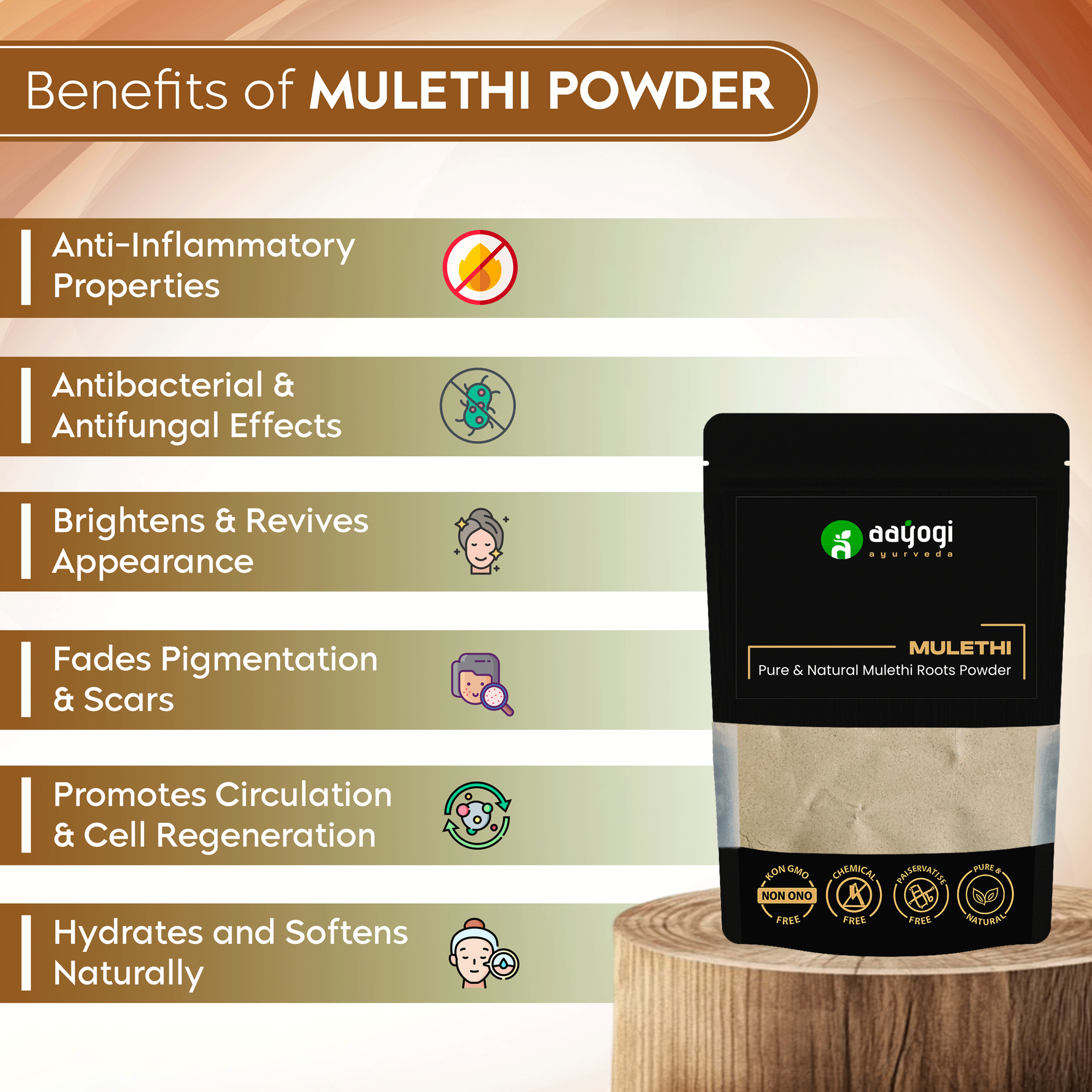 Benefits of Aayogi Mulethi Powder: anti-inflammatory, antimicrobial, brightens skin, reduces scars, boosts circulation, hydrates.