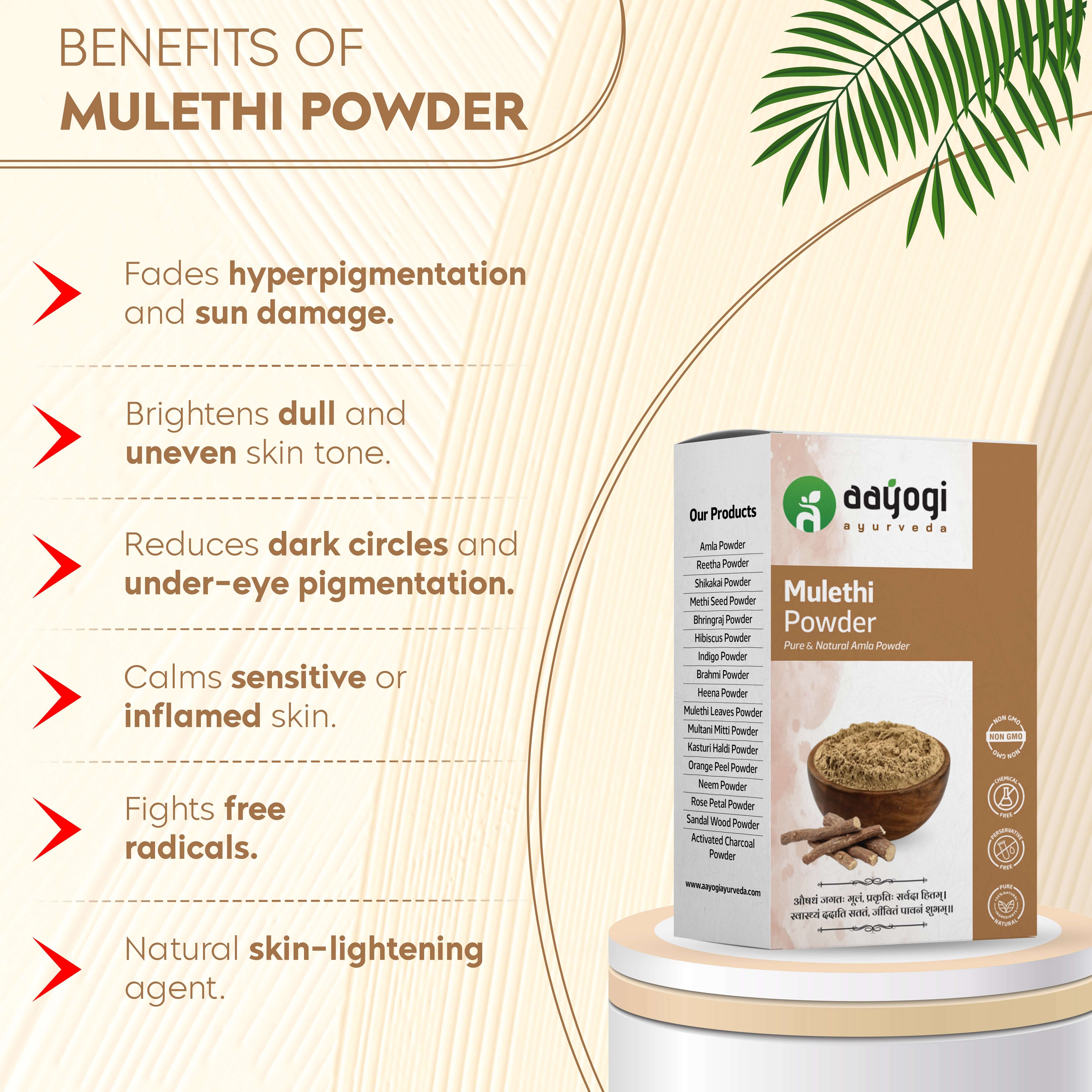 Adyogi Mulethi Powder benefits for hyperpigmentation, brightening skin tone, and reducing dark circles and inflammation.